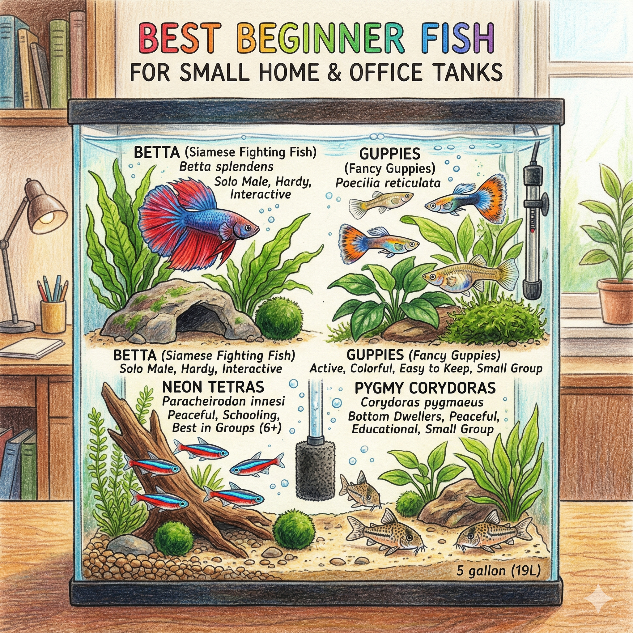 Illustrated beginner fish guide showing bettas, guppies, neon tetras, and pygmy corydoras in a small aquarium
