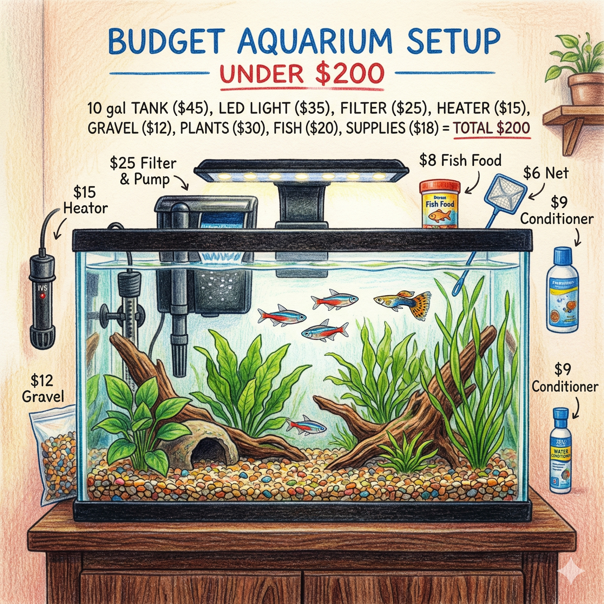 Illustrated budget aquarium setup under 200 dollars showing a 10 gallon freshwater tank with priced equipment and supplies