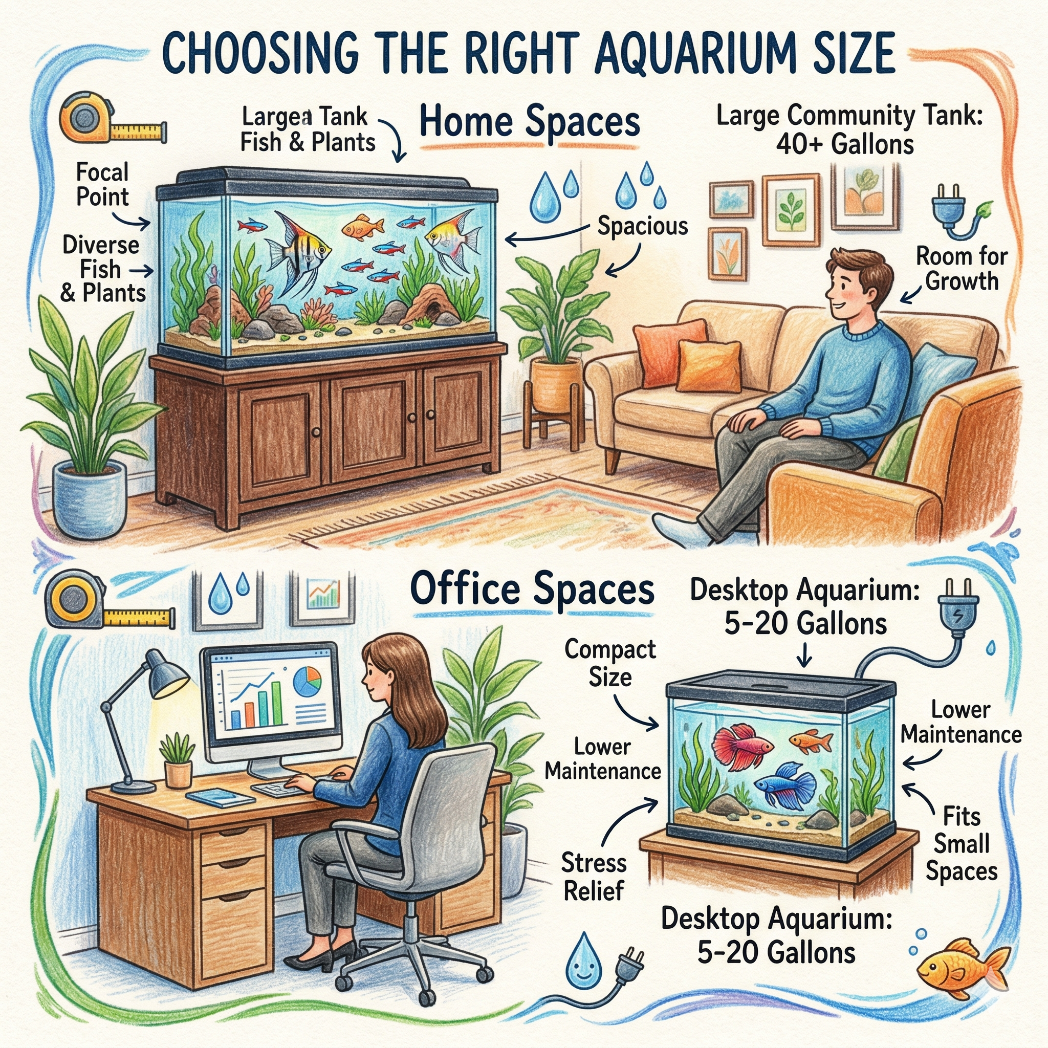 Illustrated guide comparing aquarium size choices for home spaces and office spaces