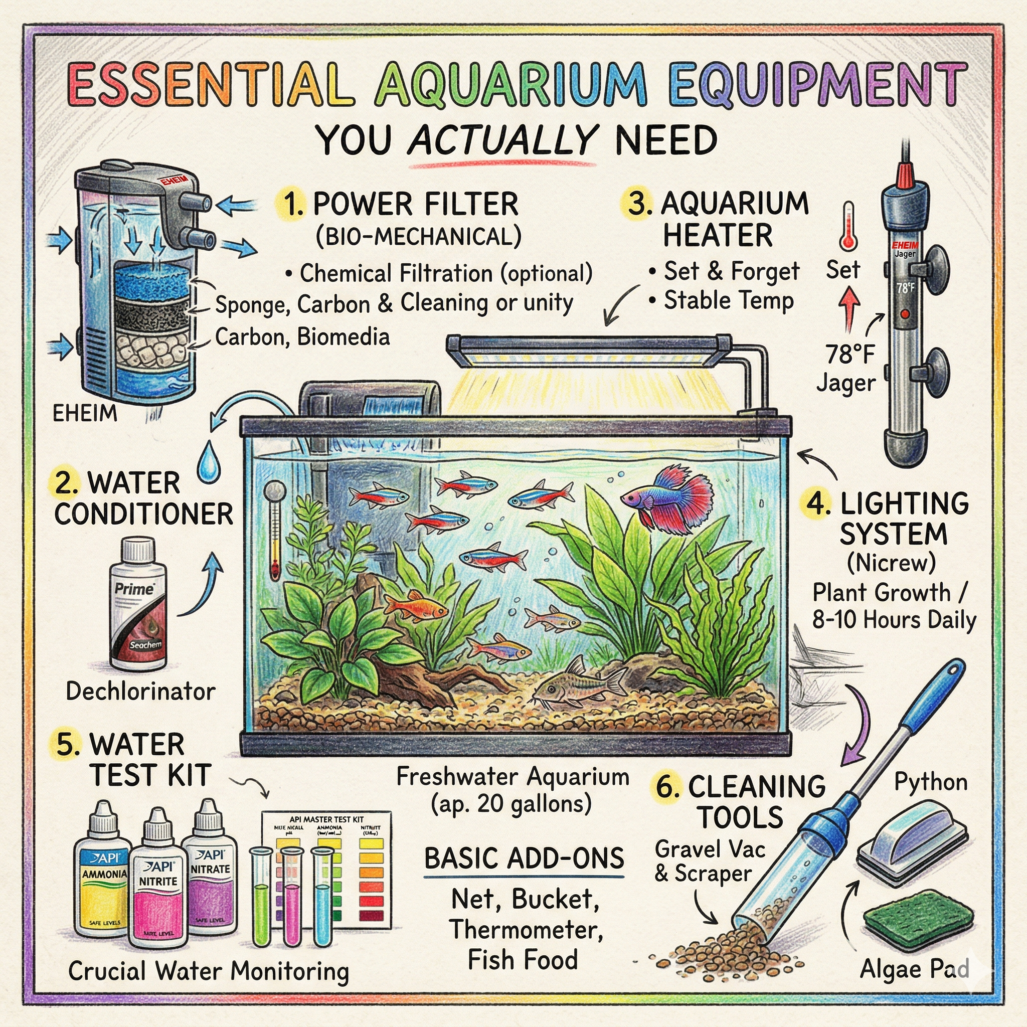 Illustrated aquarium equipment guide showing a freshwater aquarium with filter, heater, water conditioner, test kit, lighting, and cleaning tools