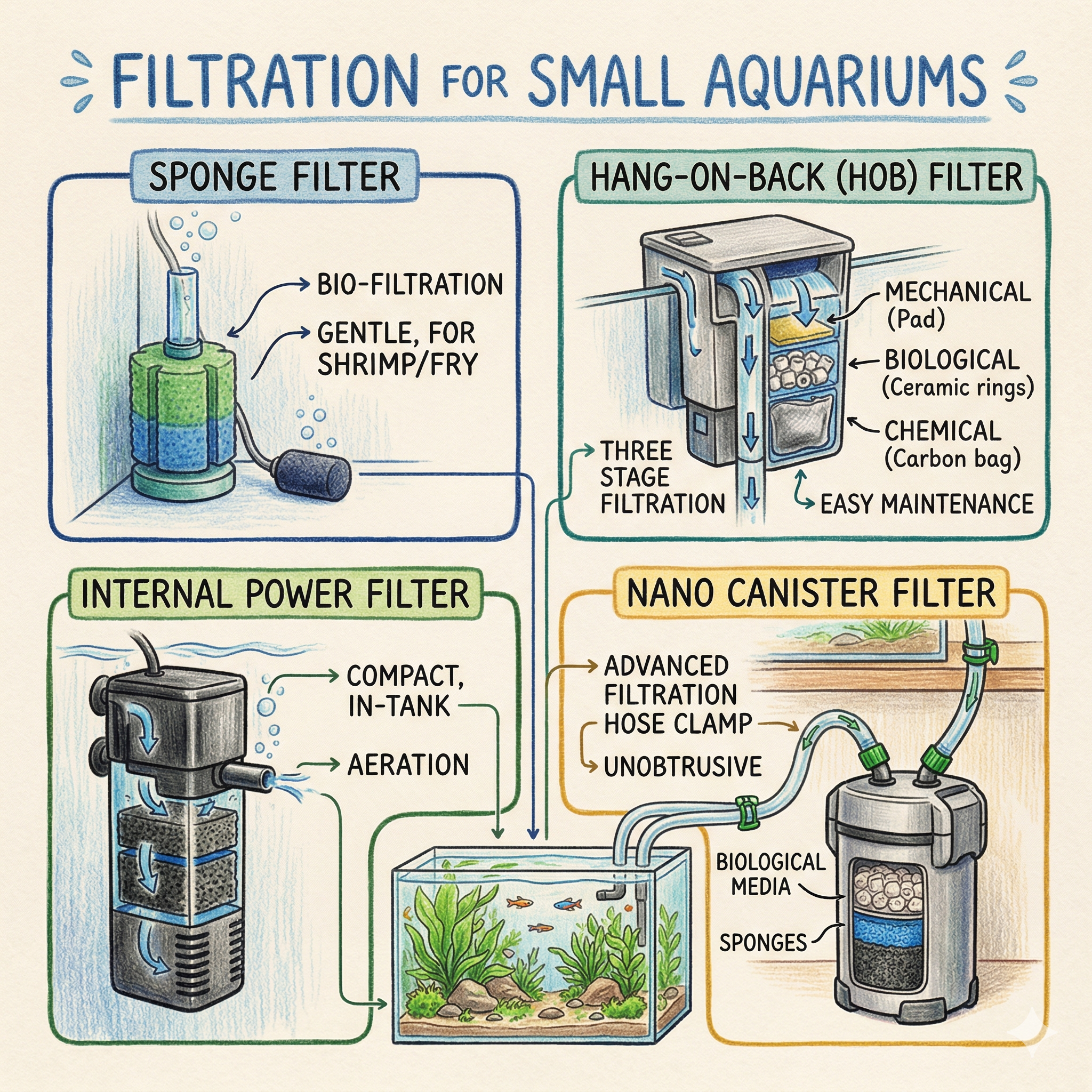 Illustrated filtration systems for small aquariums showing sponge, hang-on-back, internal power, and nano canister filters