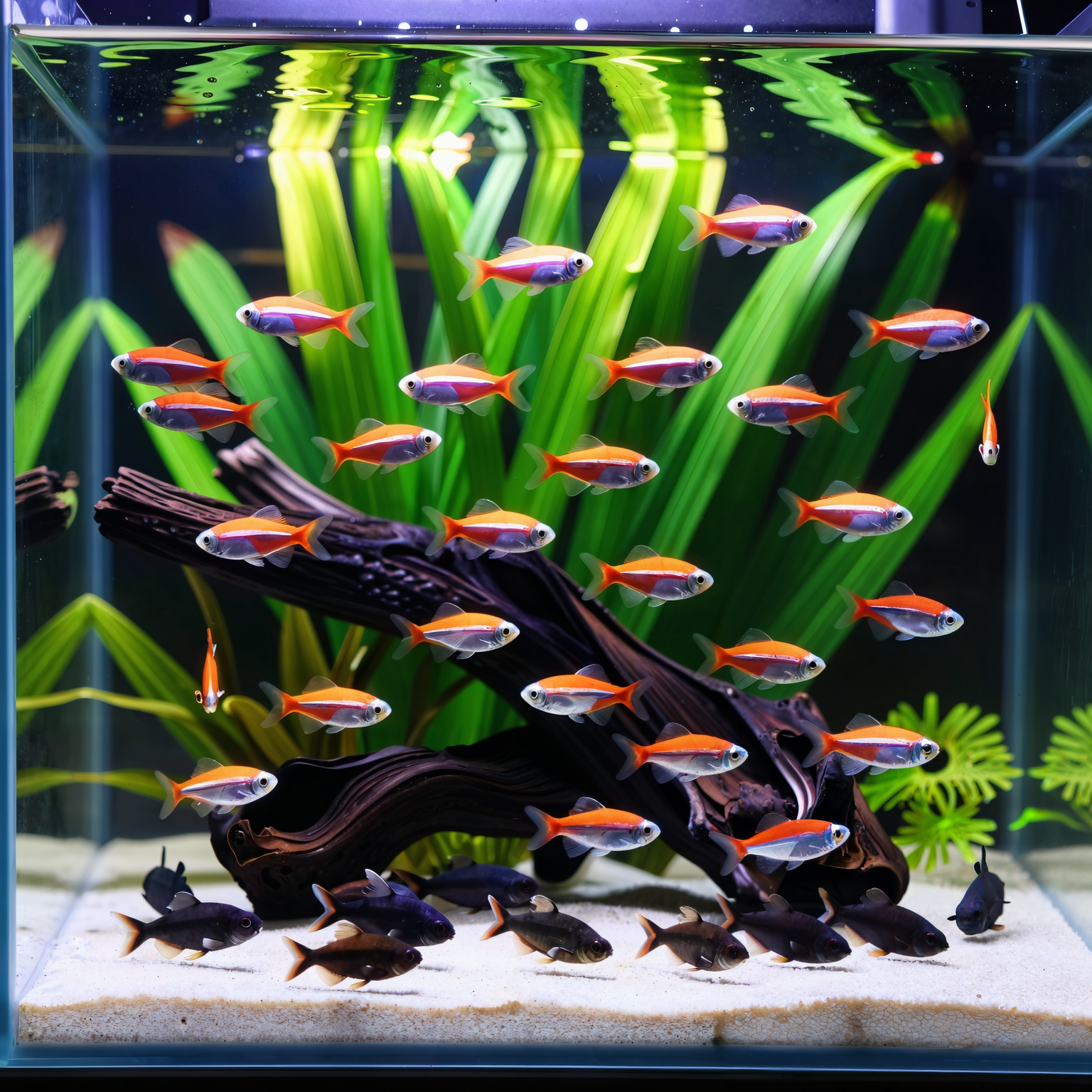 Vibrant freshwater community tank with schooling tetras, harlequin rasboras, and a corydoras group at the substrate