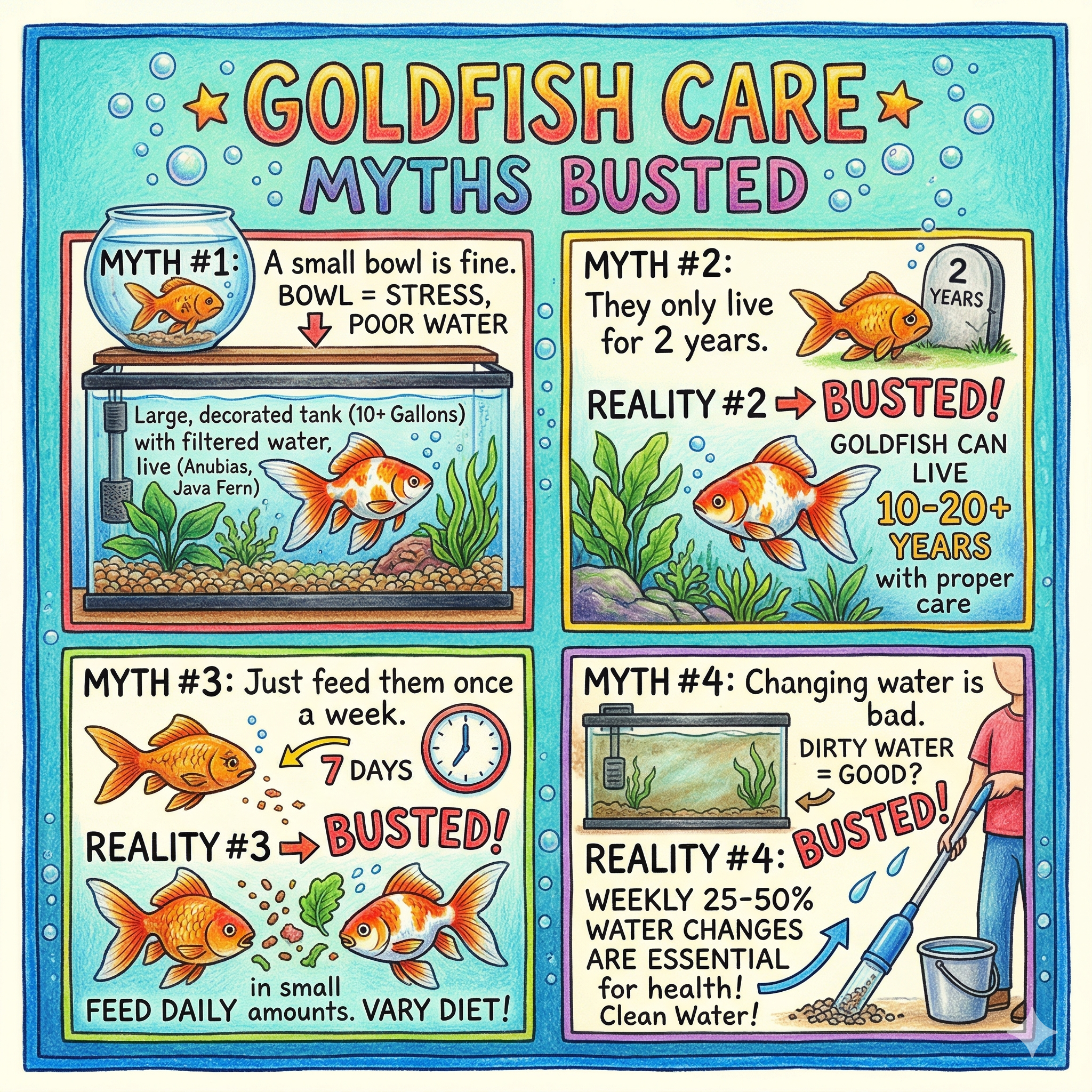 Illustrated goldfish care myths guide showing bowl myths, lifespan myths, feeding myths, and water-change myths