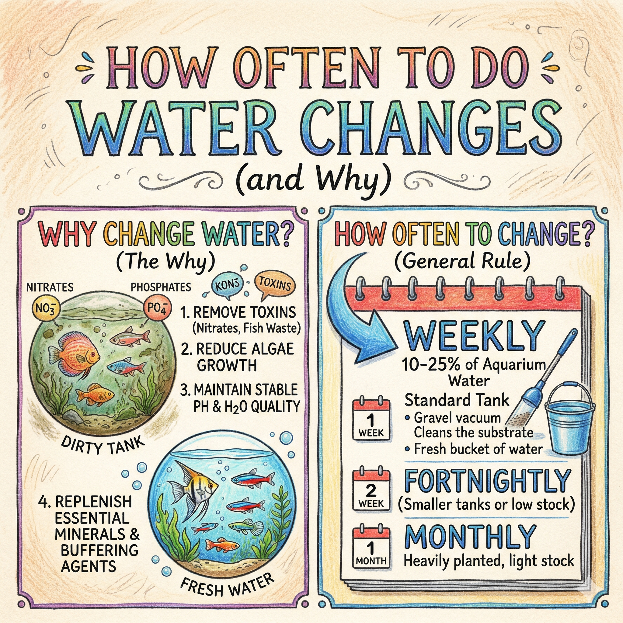 Illustrated water changes guide showing reasons to change water and a weekly, fortnightly, or monthly schedule