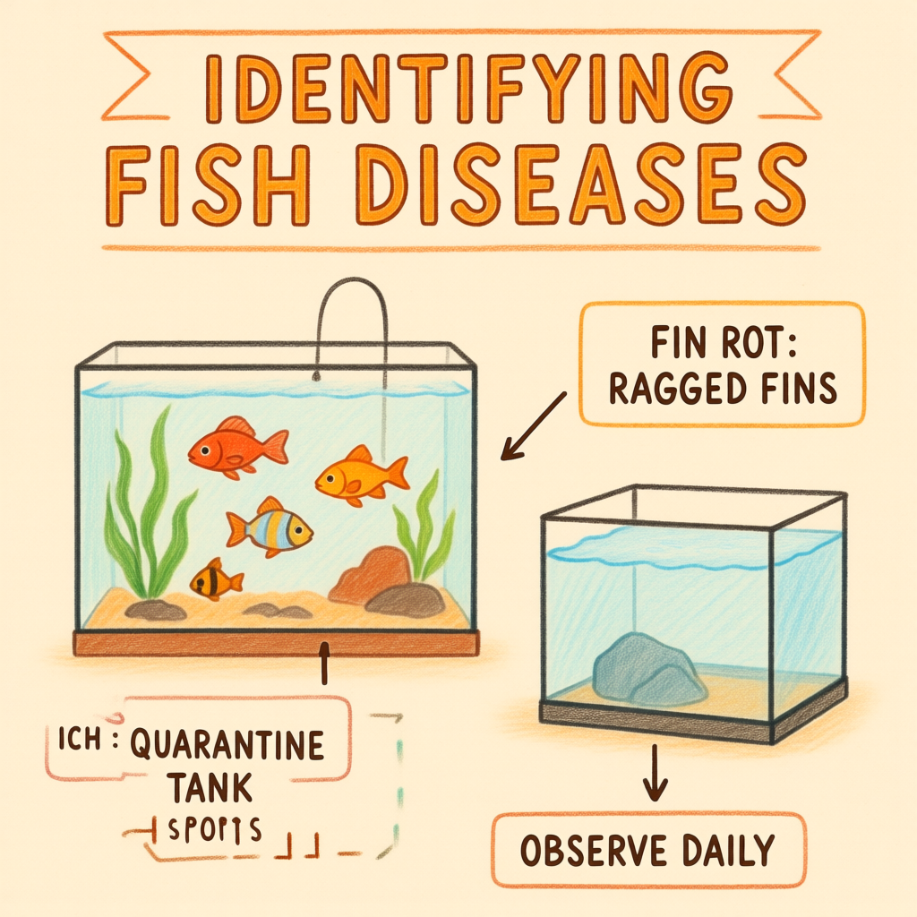 Educational diagram-style aquarium illustration showing early signs of common fish diseases with labeled callouts