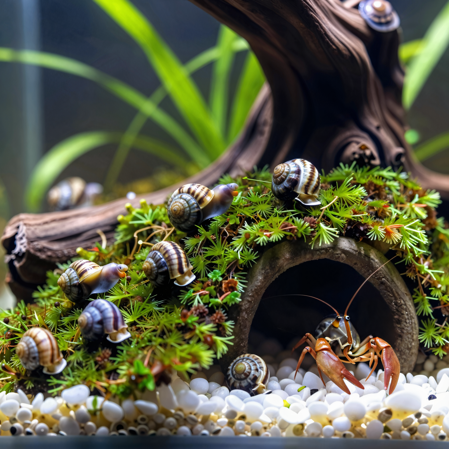 Macro photo of a planted nano tank with nerite snails, cherry shrimp, and a dwarf crayfish among moss and driftwood