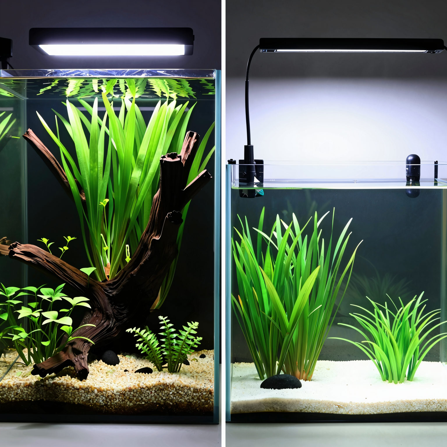 Side-by-side photo comparison of a lush live-planted aquarium tank beside a sparser artificial-plant aquarium tank