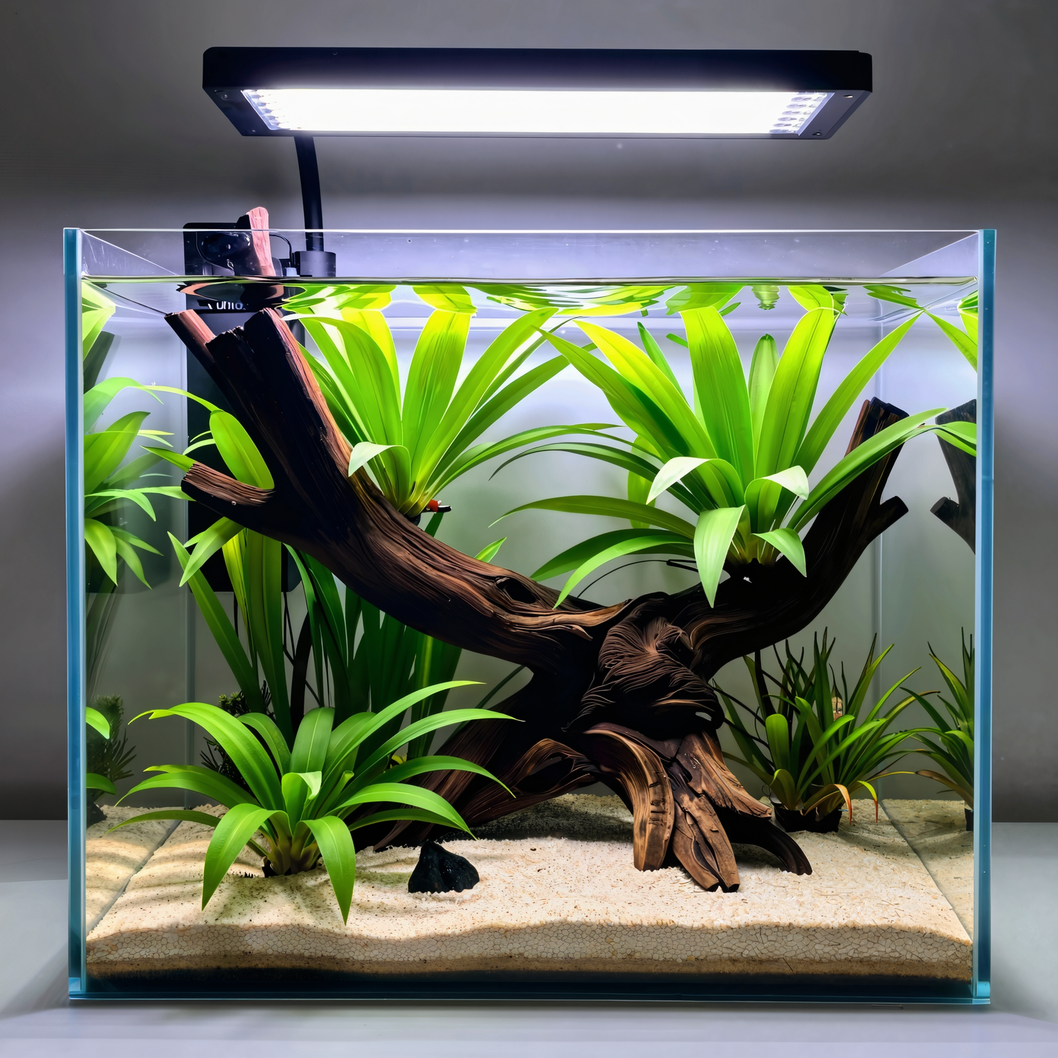 Low-tech planted aquarium with hardy broad-leaf plants on driftwood, simple substrate, and basic LED lighting