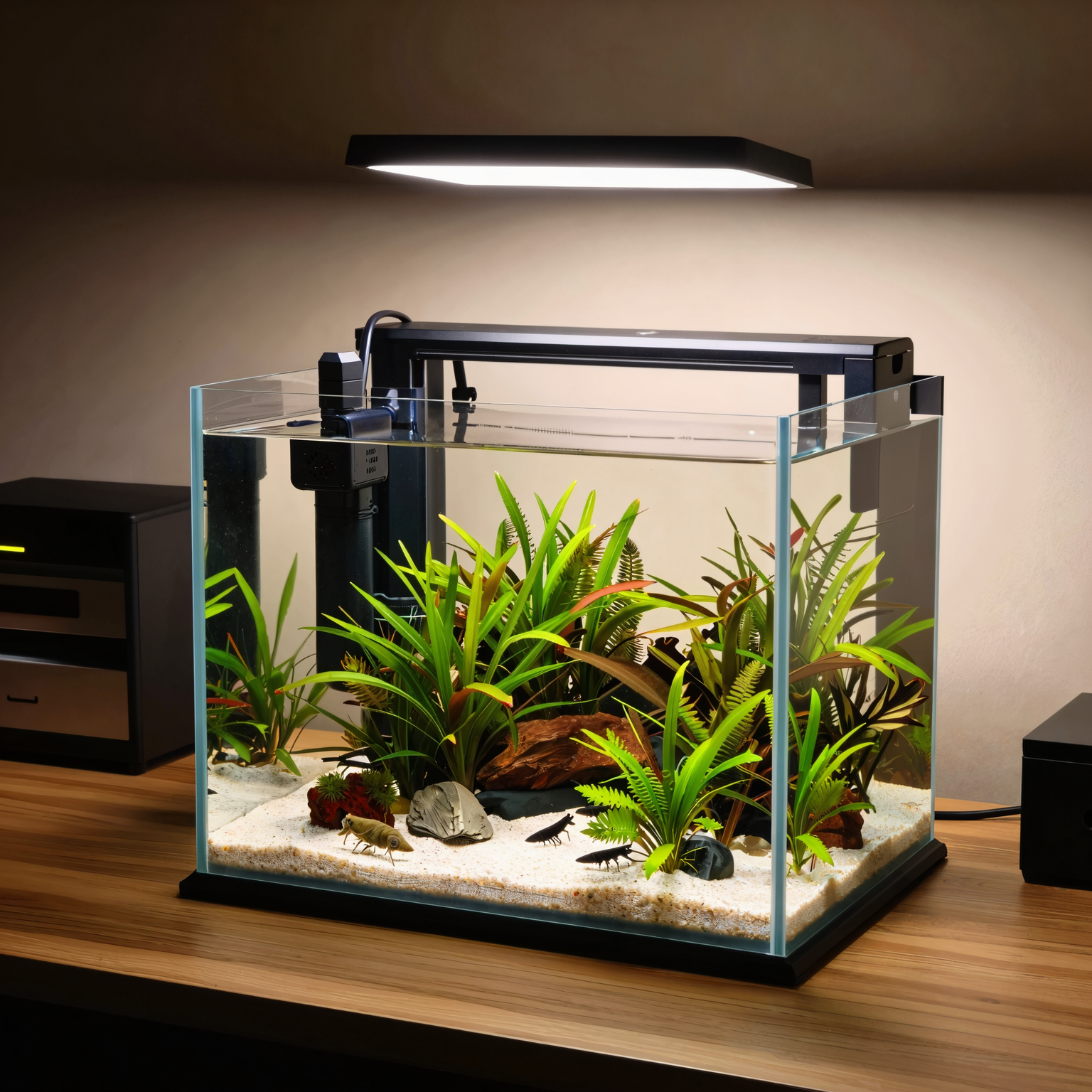 Small 5-gallon nano aquarium on a desk with compact equipment and lightly stocked shrimp or small fish