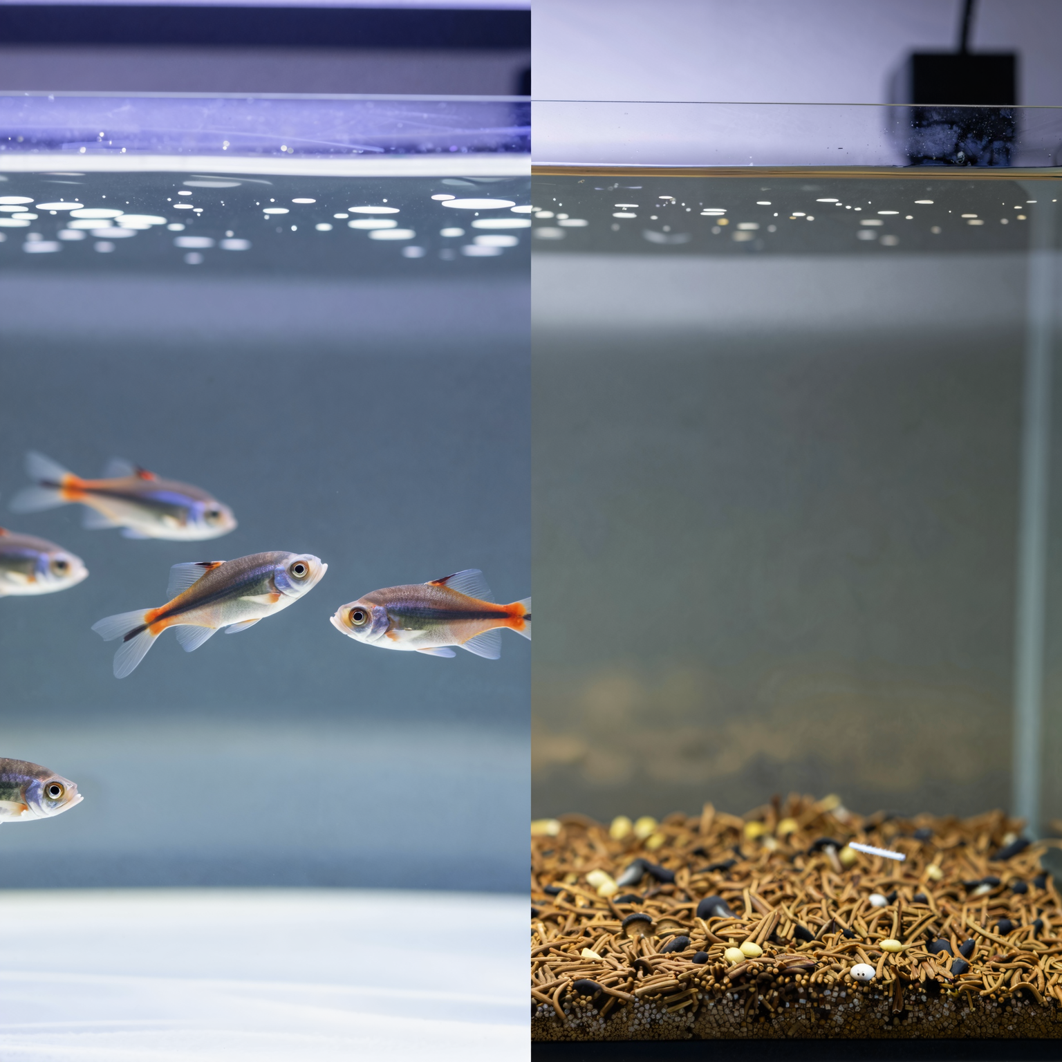 Side-by-side photo comparison of correct fish feeding portions versus overfeeding with uneaten food on the substrate