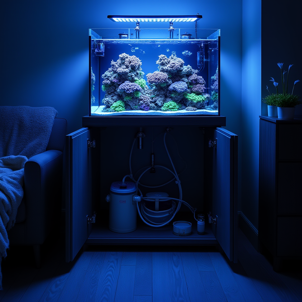 Protein skimmer collecting dark skimmate in its collection cup beside a saltwater reef aquarium
