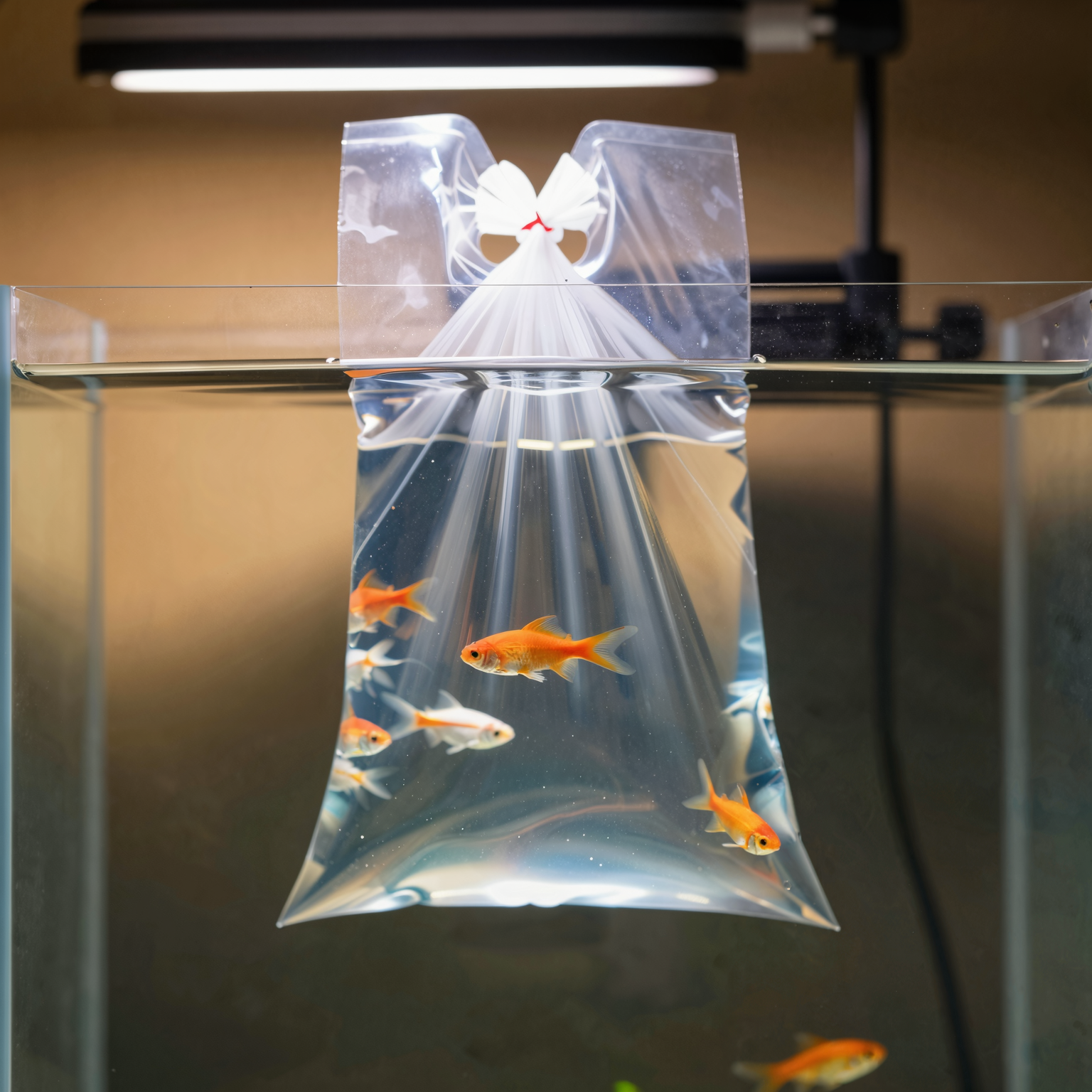 Photo of a sealed fish bag floating on the surface of a home aquarium during the float acclimation method