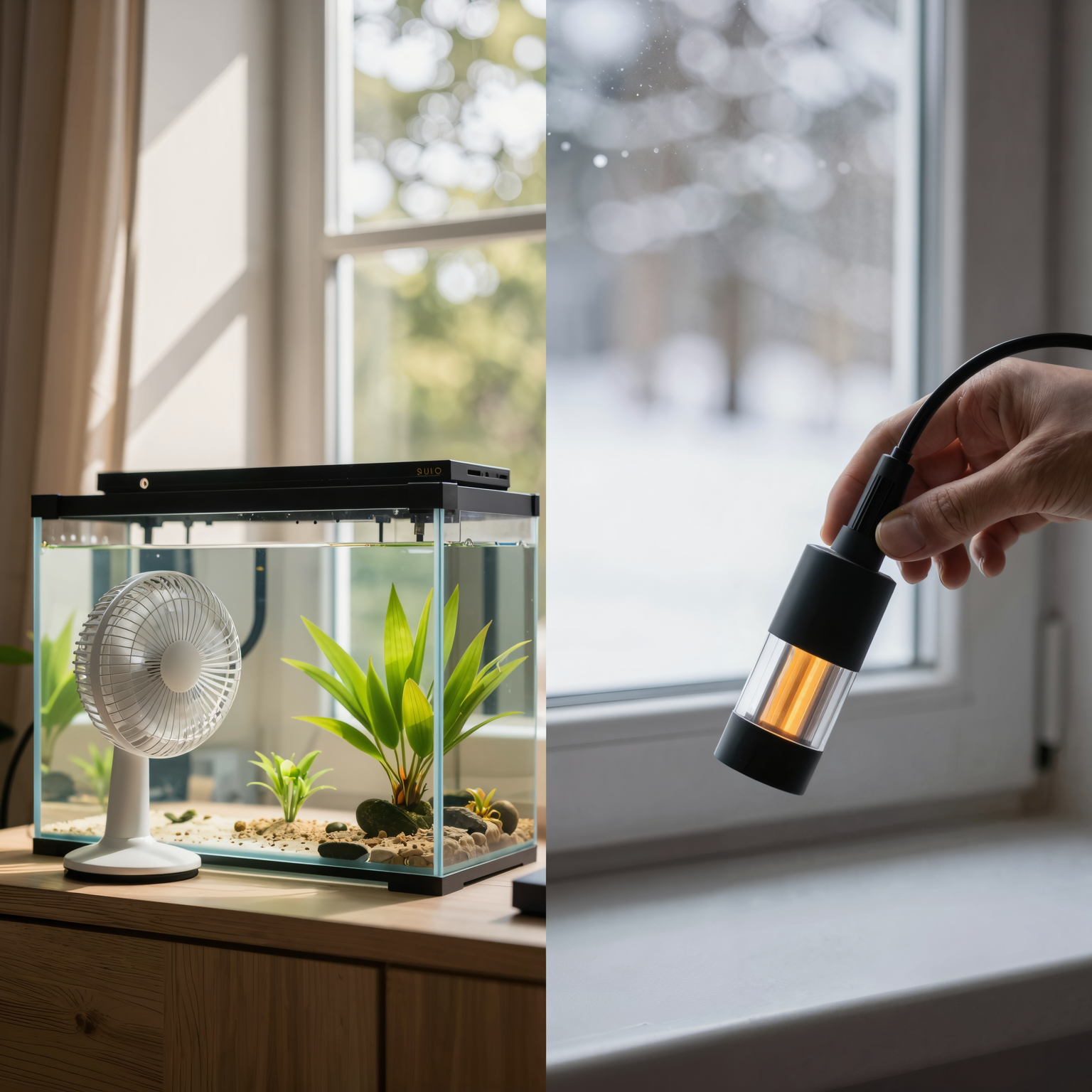Split seasonal photo of an aquarium with summer cooling measures on one side and winter heater checks on the other