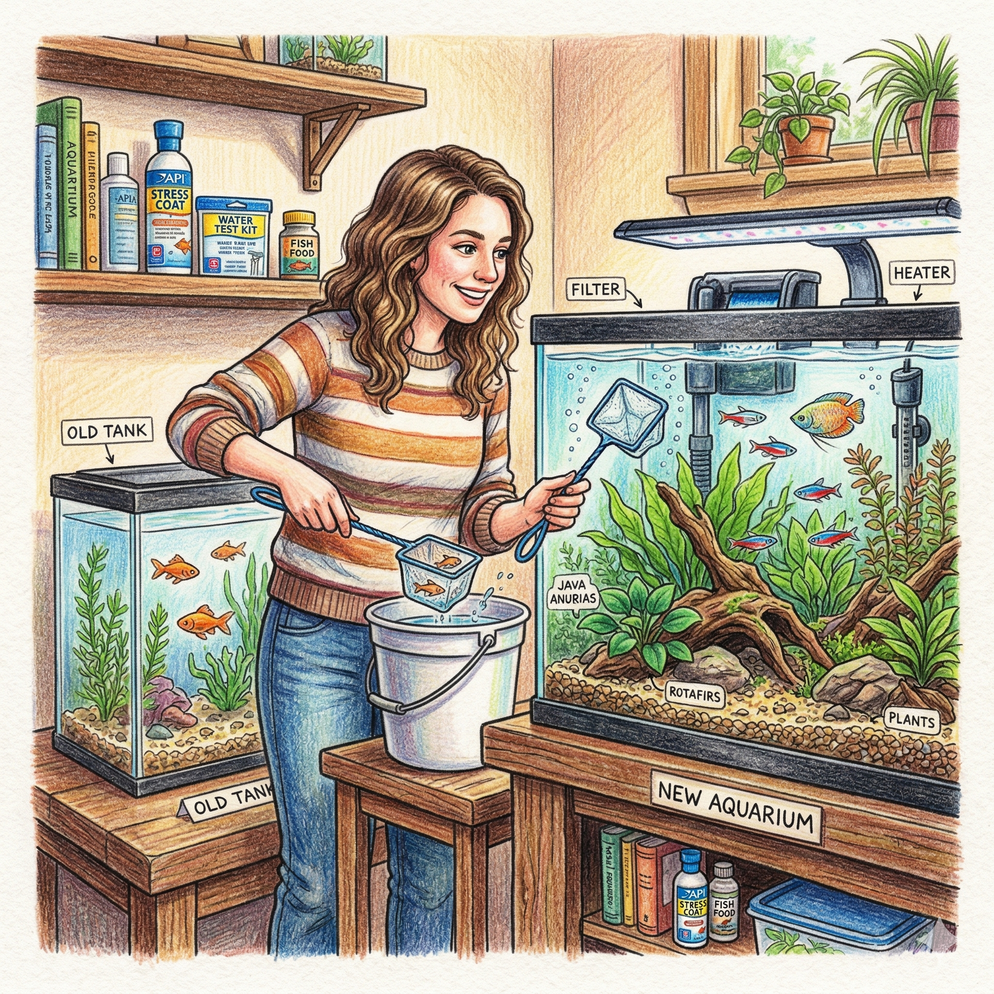 Illustrated aquarium upgrade guide showing a hobbyist transferring fish from an old small tank into a larger planted aquarium