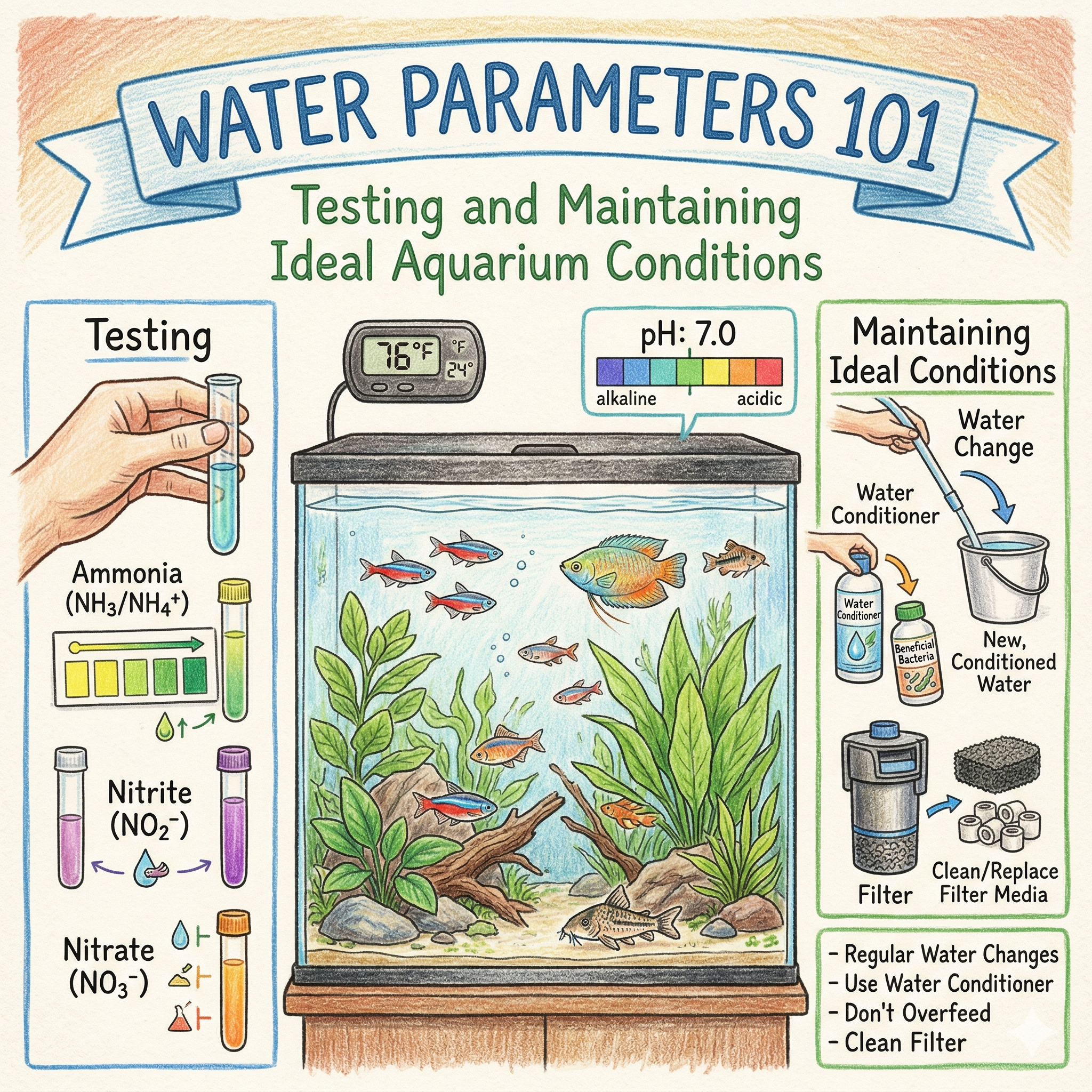 Illustrated water parameters guide showing aquarium test tubes, temperature, pH, ammonia, nitrite, nitrate, and maintenance steps