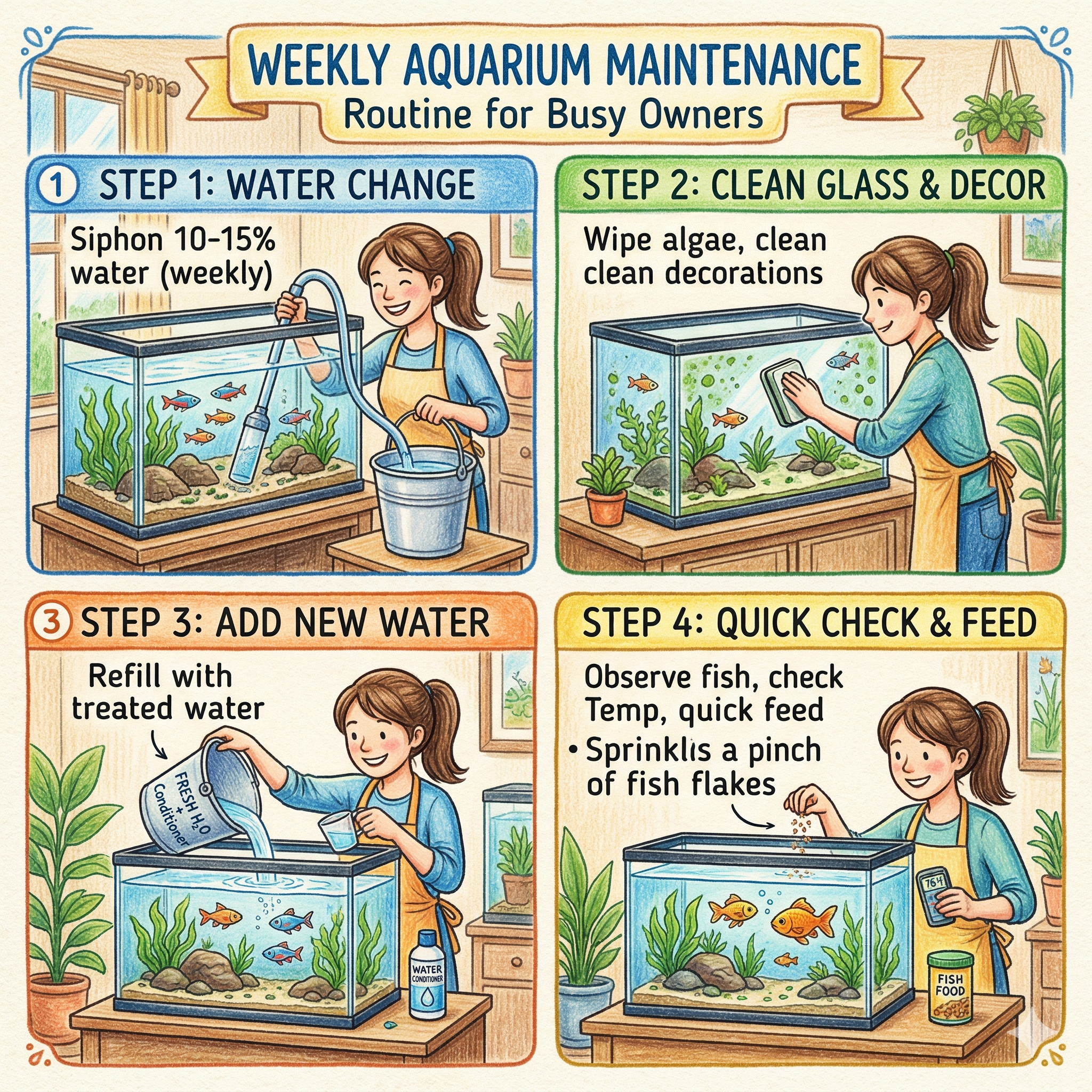 Illustrated weekly aquarium maintenance routine showing water changes, glass cleaning, refilling treated water, and quick feeding checks