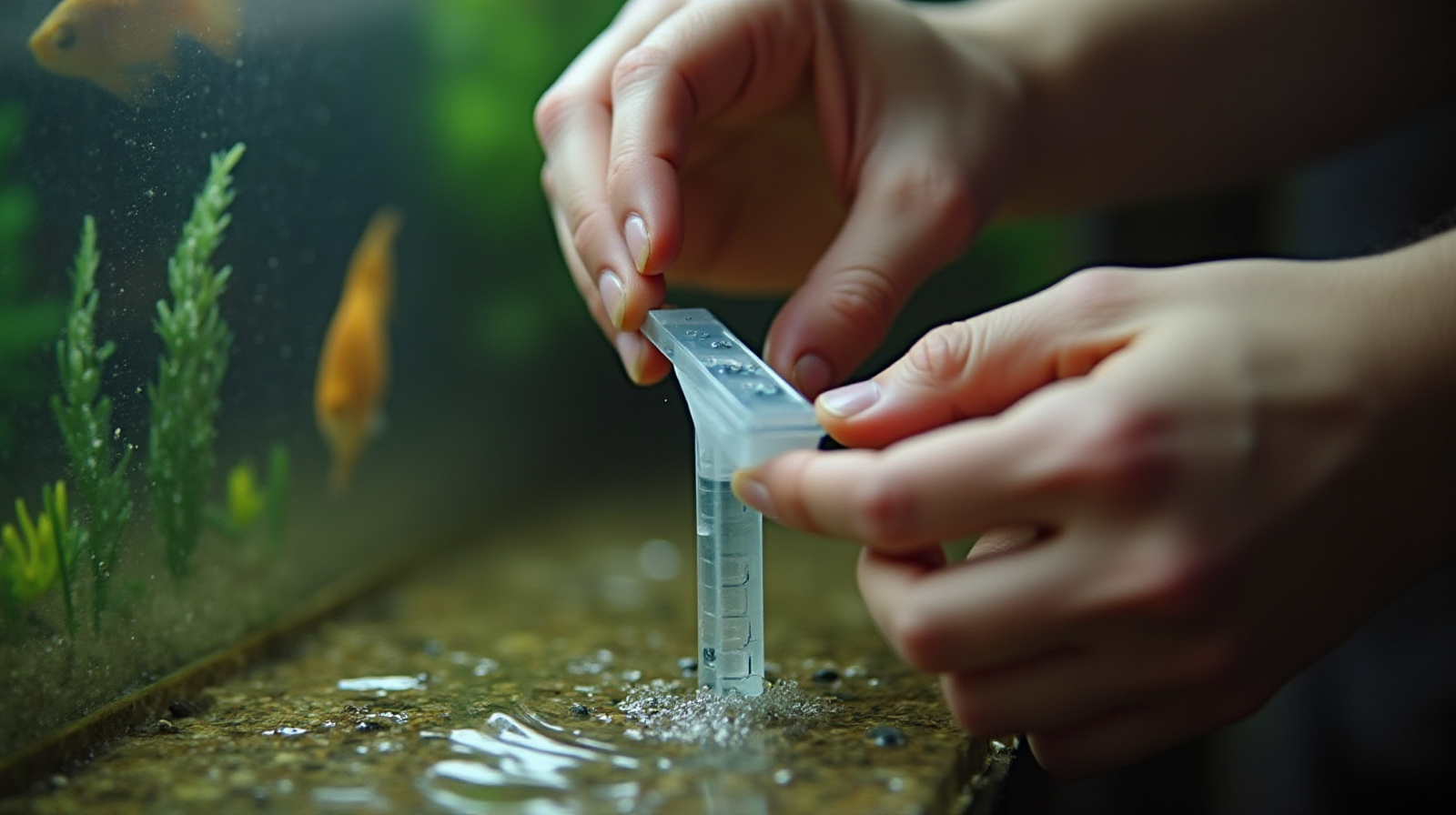 A pair of hands using a basic water testing kit dipping it into the murky but active water of an aquarium setup.