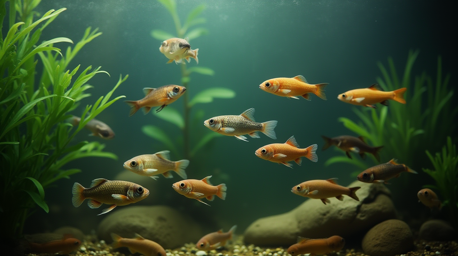 An overhead view showing several different types of small freshwater fish swimming calmly near aquatic plants in their tank.