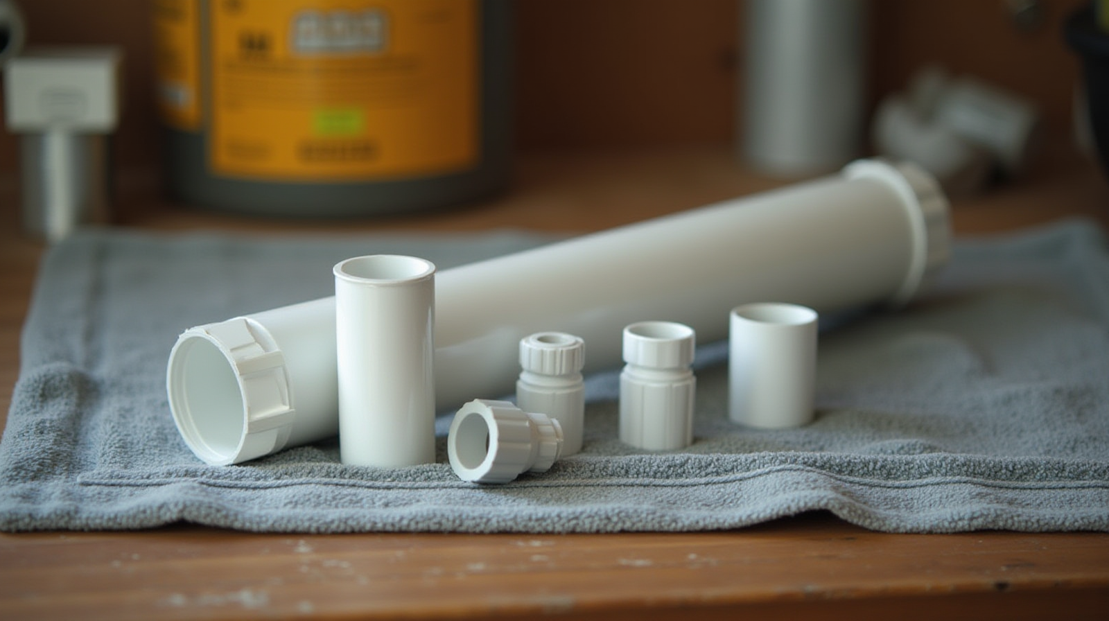 A workbench scene featuring a simple PVC pipe section and some basic plumbing connectors laid out on a towel for inspection.