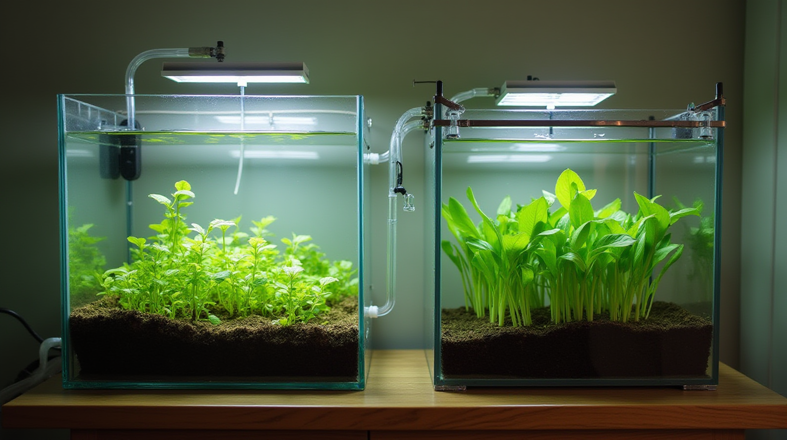 A medium shot showing a small, well-maintained 50-gallon freshwater aquarium next to a shallow, visible grow bed filled with healthy seedlings, connected by clear tubing.