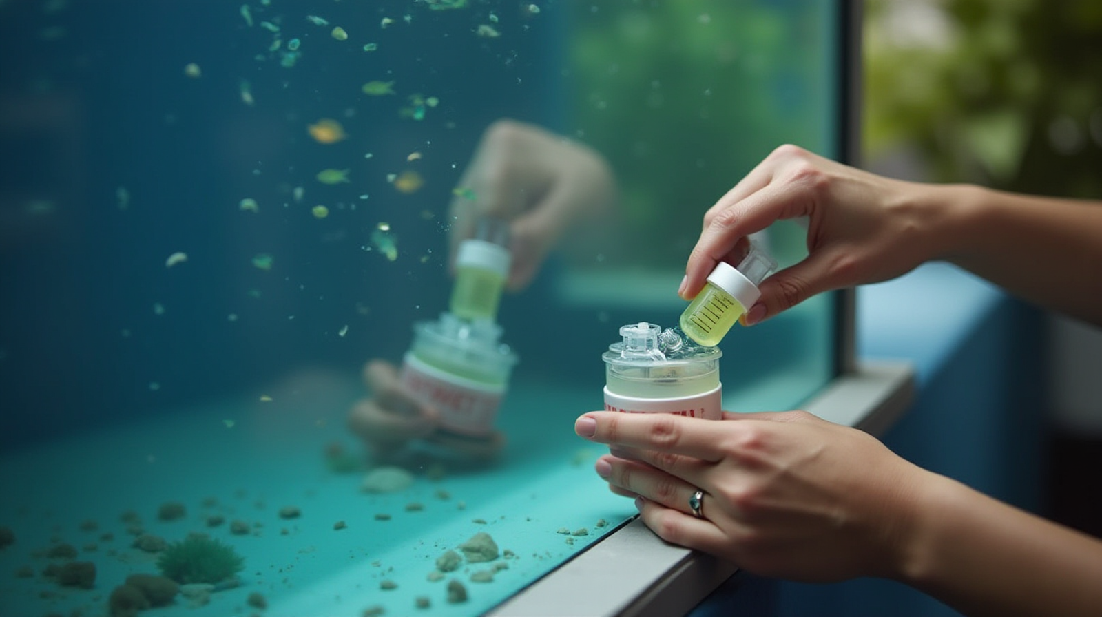 Close up of a person's hands using liquid test kits to sample water from an aquarium corner.