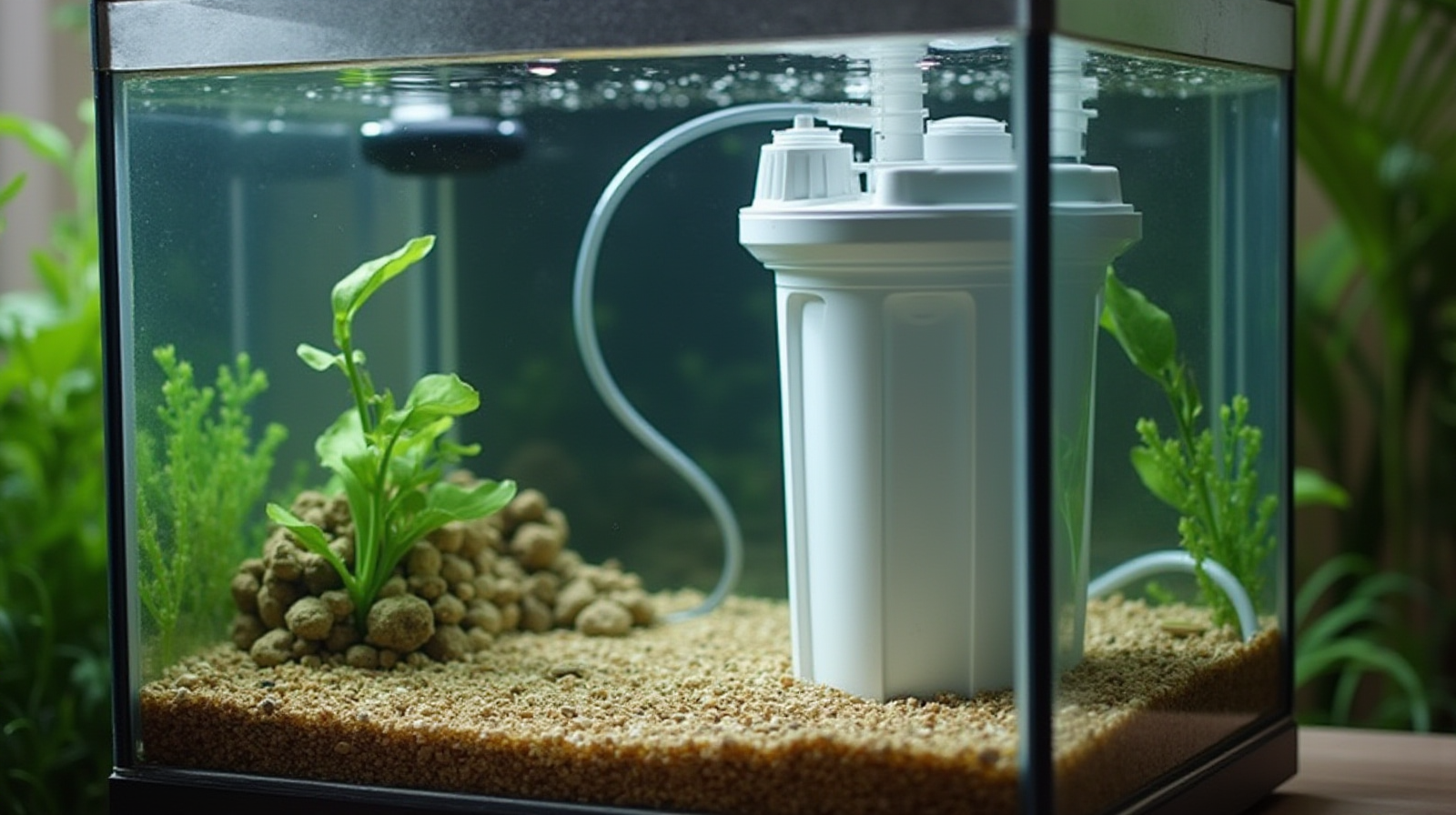 A wide establishing shot showing the filtration equipment (canister filter and tubing) connected and running in an established freshwater tank setup.