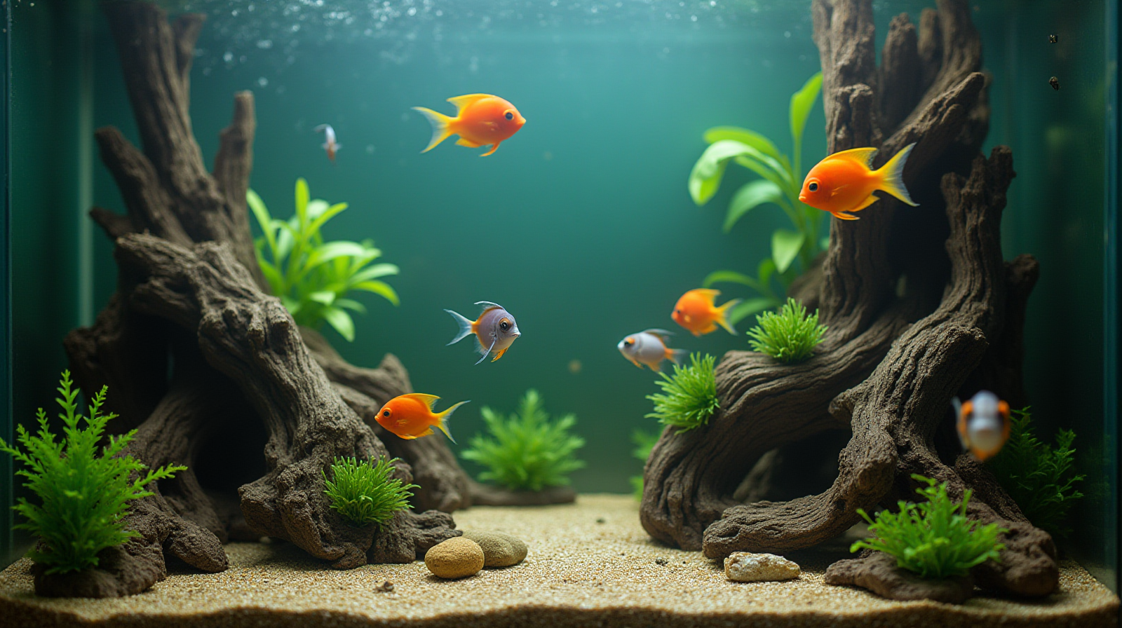 A freshwater aquarium with several brightly colored tropical fish swimming actively near healthy-looking driftwood decorations.