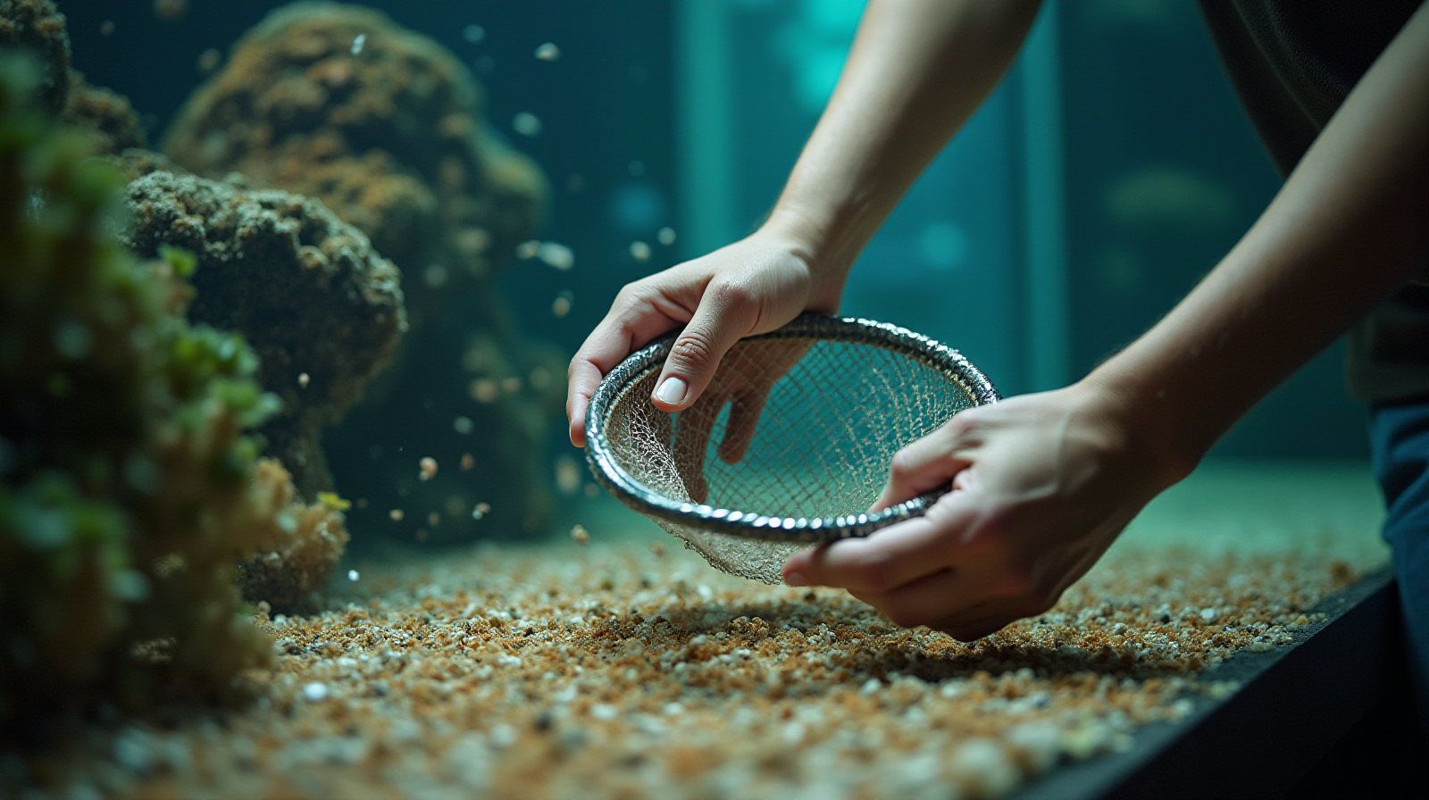 A pair of hands carefully using a clean net to gently lift debris from the substrate surface of an aquarium.