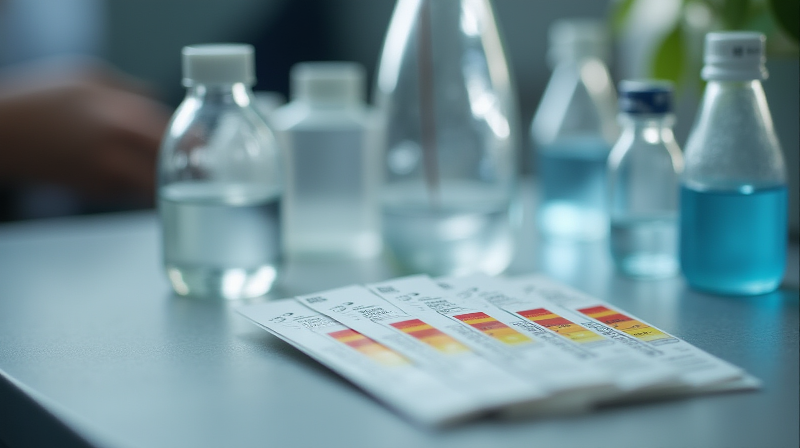 A close-up shot focusing on several water test strips lying next to a small bottle of dechlorinator and some clear glass equipment on a workbench.