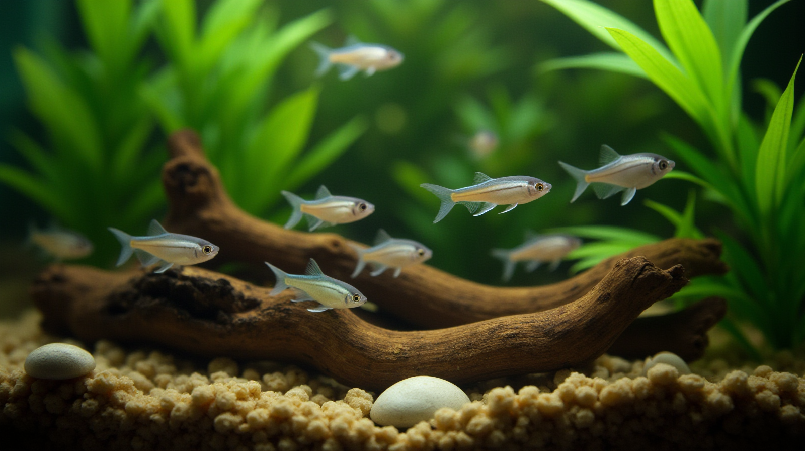 A medium shot showing several small, healthy-looking tetra swimming naturally among driftwood and established Amazon swords in a well-lit 10-gallon freshwater aquarium.