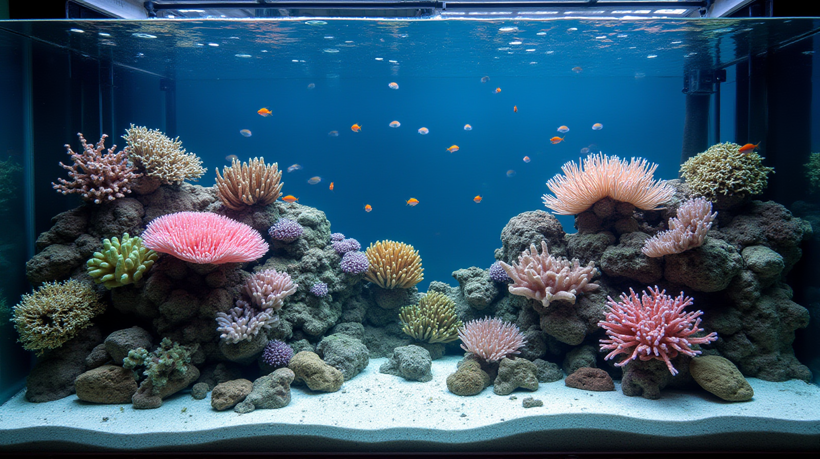 A brightly lit 75-gallon reef tank featuring diverse live coral formations and small tropical fish swimming among the rockwork.