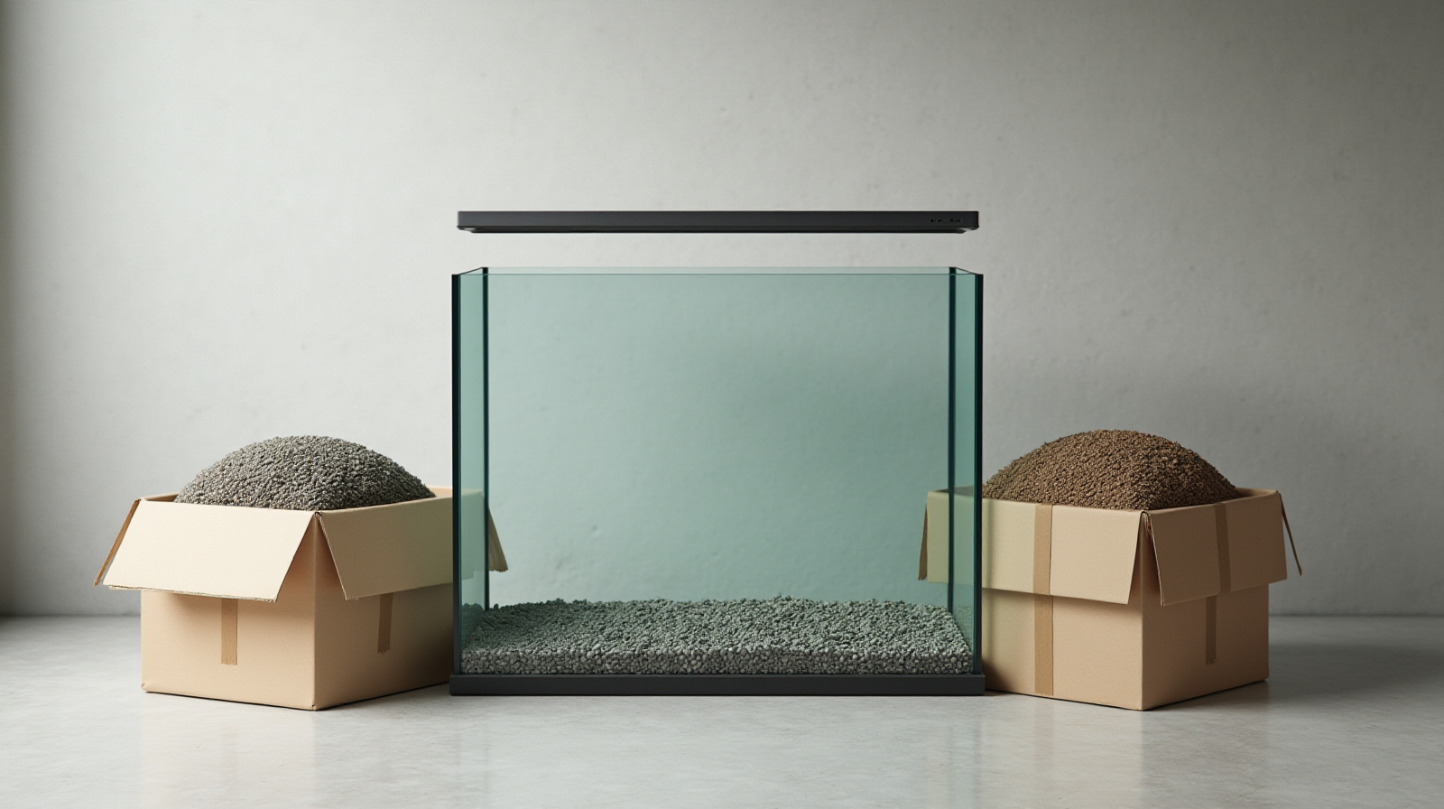 A wide establishing shot of a newly placed, completely empty aquarium stand next to an unopened box of gravel and substrate bags on a clean concrete floor.