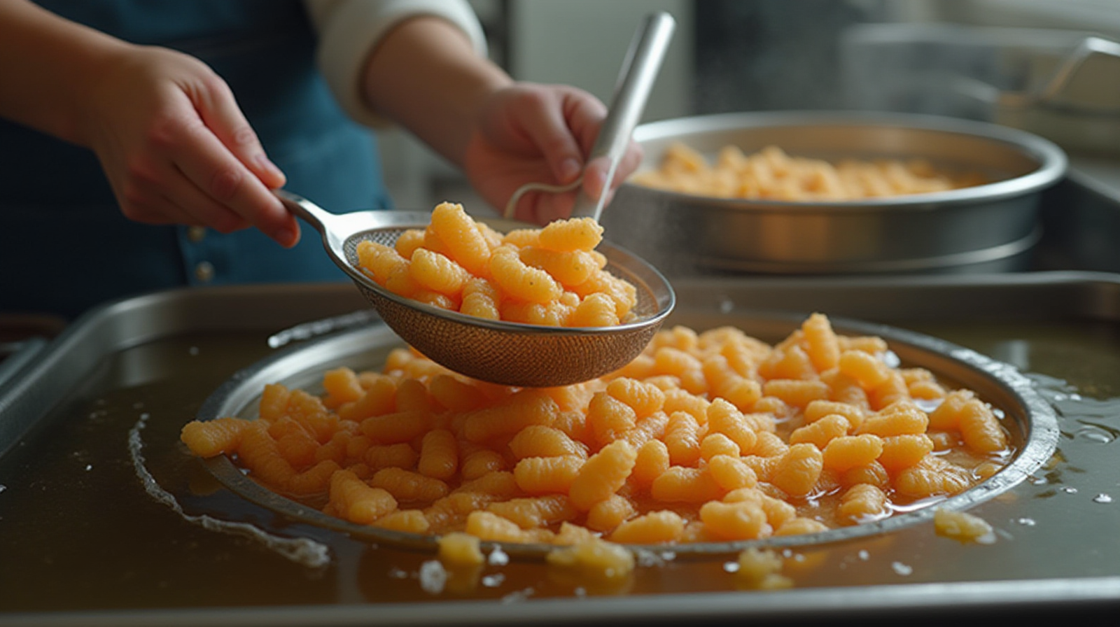 A pair of hands carefully using a small net to gently scoop fry from one container into another larger water bath.
