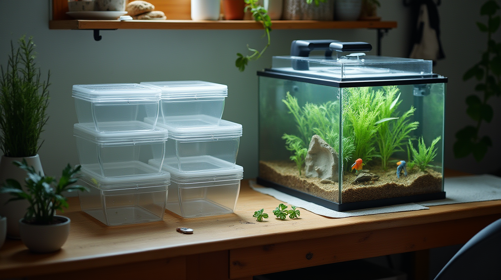 An overhead shot showing several stacked or grouped small plastic breeder containers next to the main aquarium setup on a workbench.