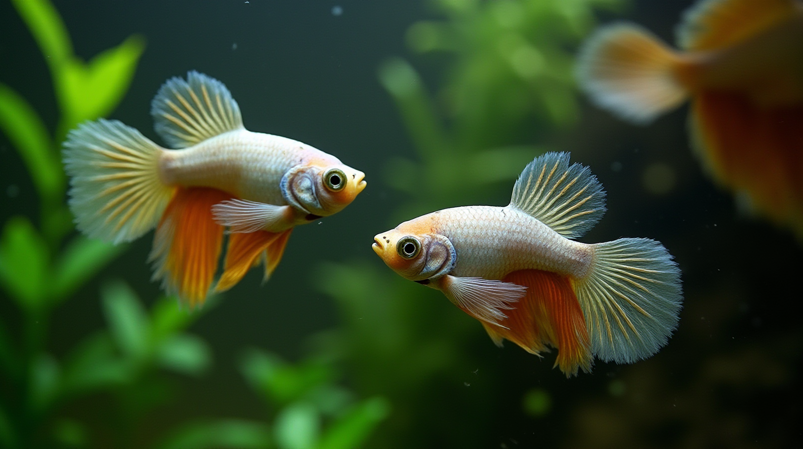 A clear, well-lit shot of several healthy male and female Siamese fighting fish (Betta splendens) swimming naturally together in a moderately planted freshwater aquarium setting.