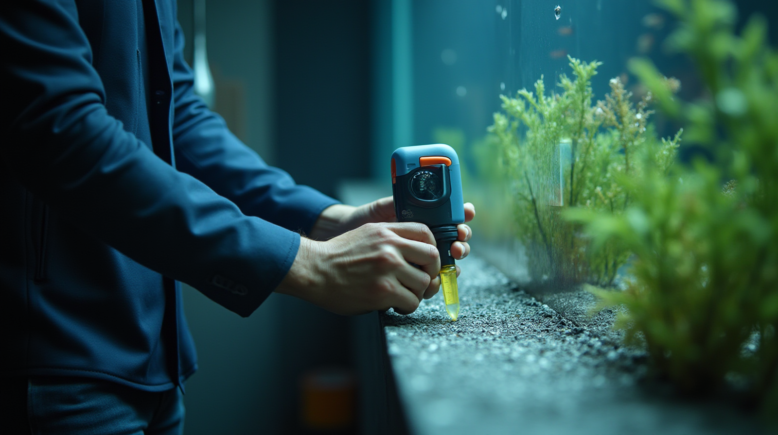 A close up of hands using a refractometer or titration kit right at the edge of an aquarium display to test water parameters.