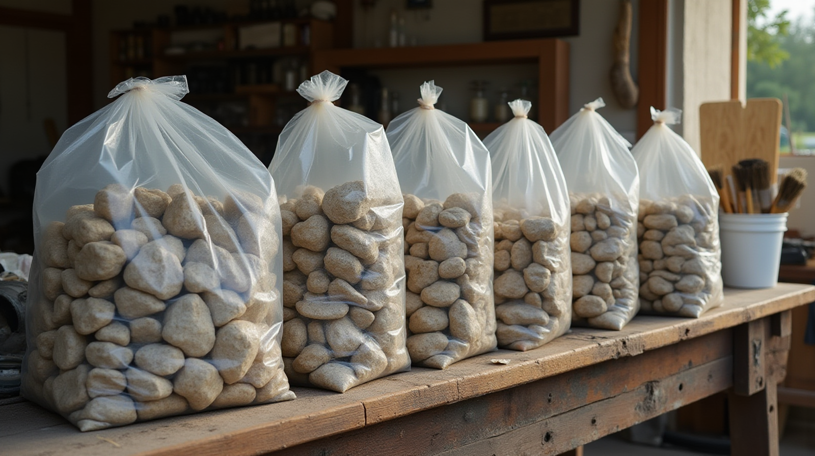 A clear photograph showing several bags of cured live rock staged on a workbench next to some basic tools like brushes and buckets.