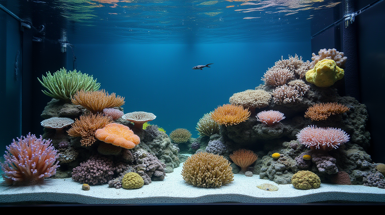 A wide establishing shot of a mature, mixed-reef saltwater tank showing diverse coral life and some visible flow equipment running smoothly.