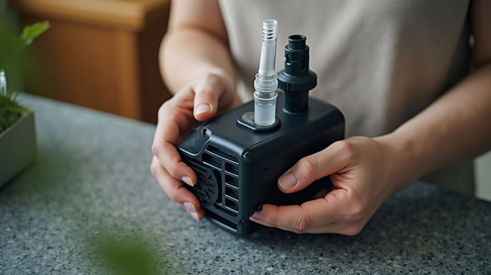 A pair of hands carefully attaching an external filter intake hose to the plumbing on a small aquarium pump.