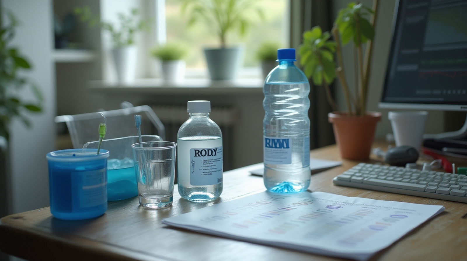 An established home office workbench with various test strips and monitoring equipment laid out next to a partially filled container of RODI water.