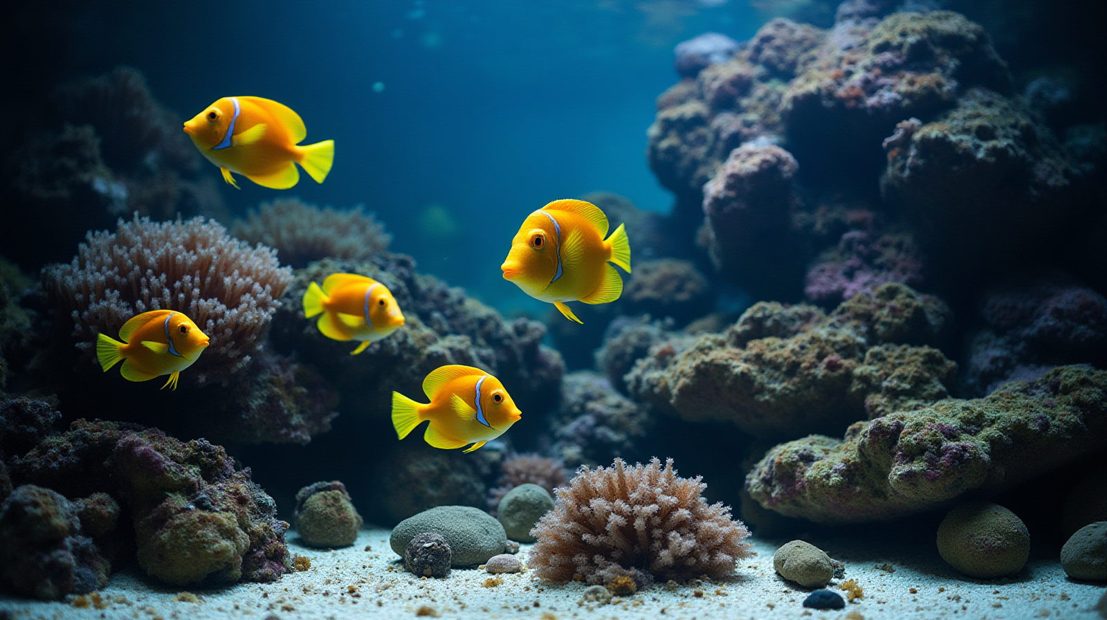 A medium shot showing several hardy, colorful fish (like tangs or damselfish) swimming naturally through established live rockwork in a well-lit reef tank.