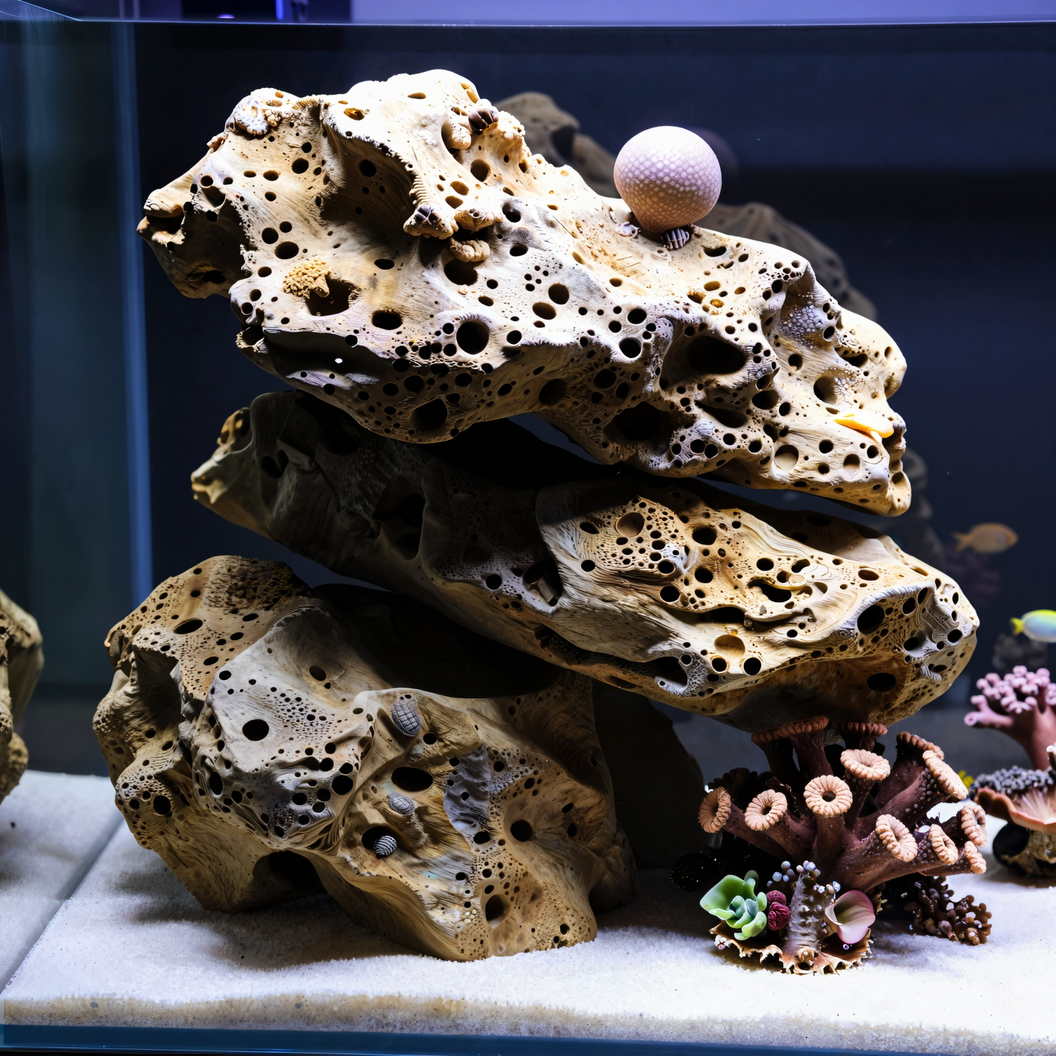 A mid-sized, established saltwater reef tank featuring multiple overhangs of textured, light brown Pukani dry rock with a few corals and small fish visible in the background.