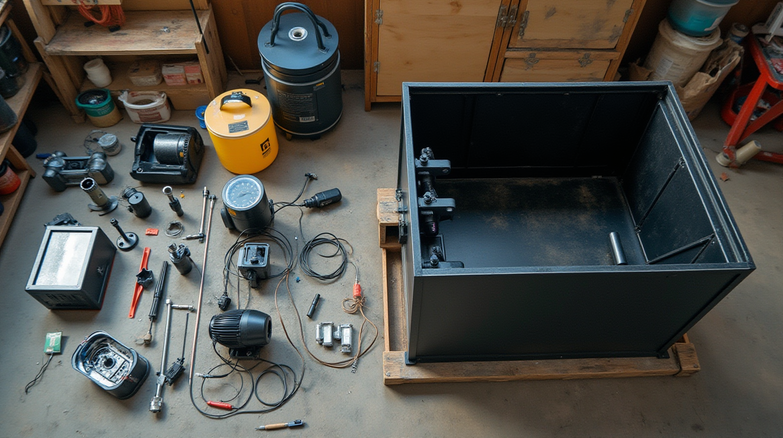 An overhead shot showing various pieces of reef equipment (e.g., test kits, pumps, flow diverters) laid out on a workbench next to a partially assembled tank section.