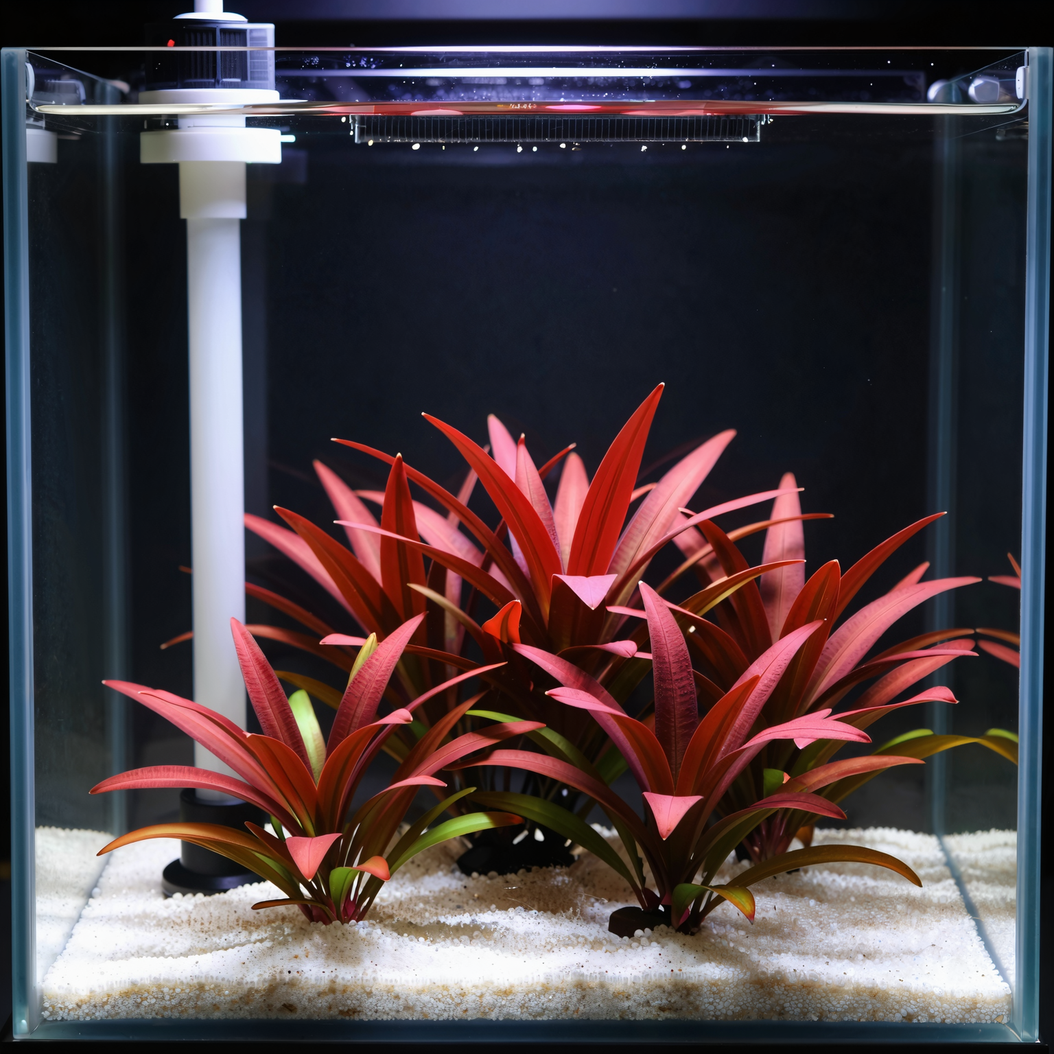 A small, well-maintained freshwater planted aquarium featuring vibrant red carpeting plants under a bubble stream diffuser attached to a simple airstone.