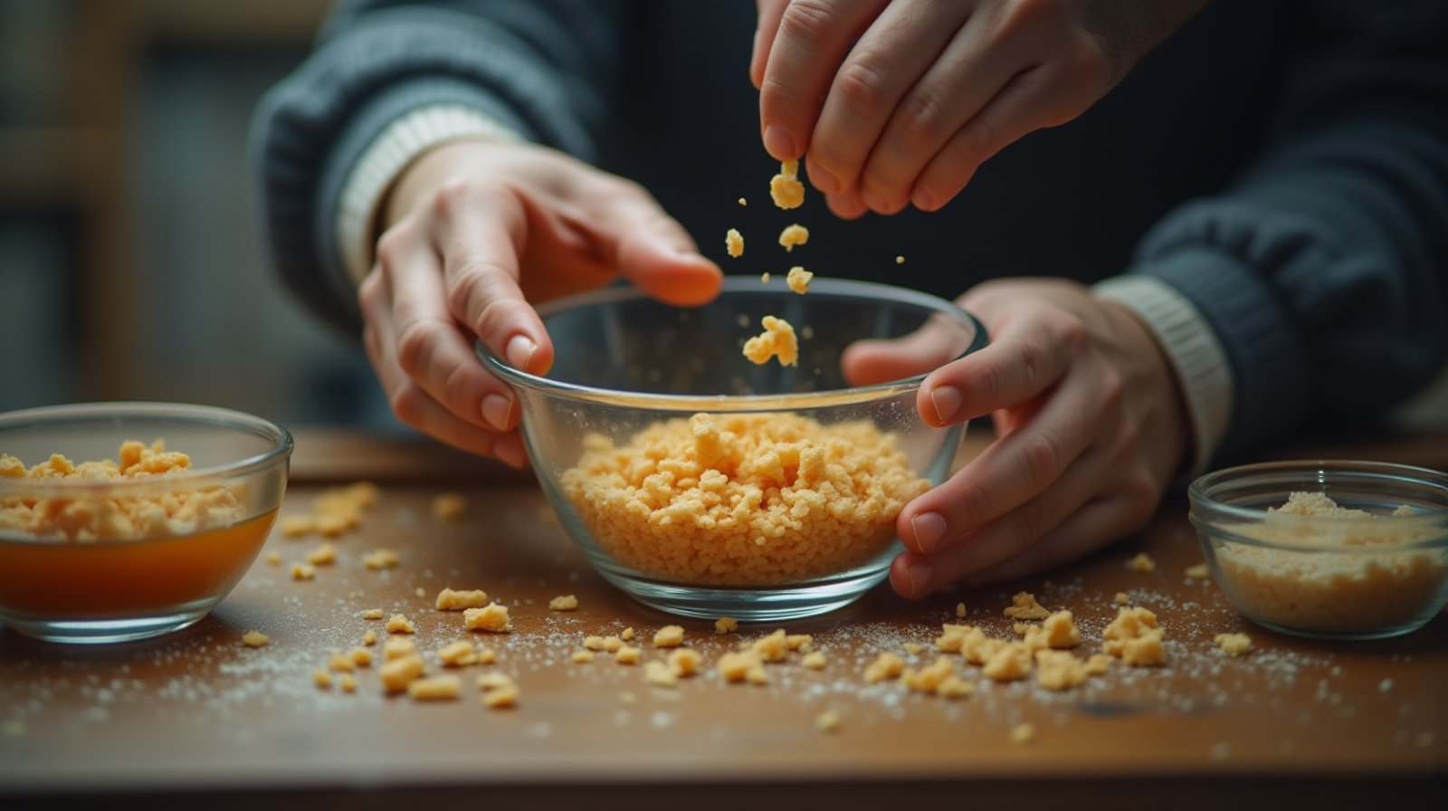 A close-up shot showing hands carefully mixing ingredients (like flake food scraps or specialized brine shrimp) into a small, shallow glass bowl on a workbench.