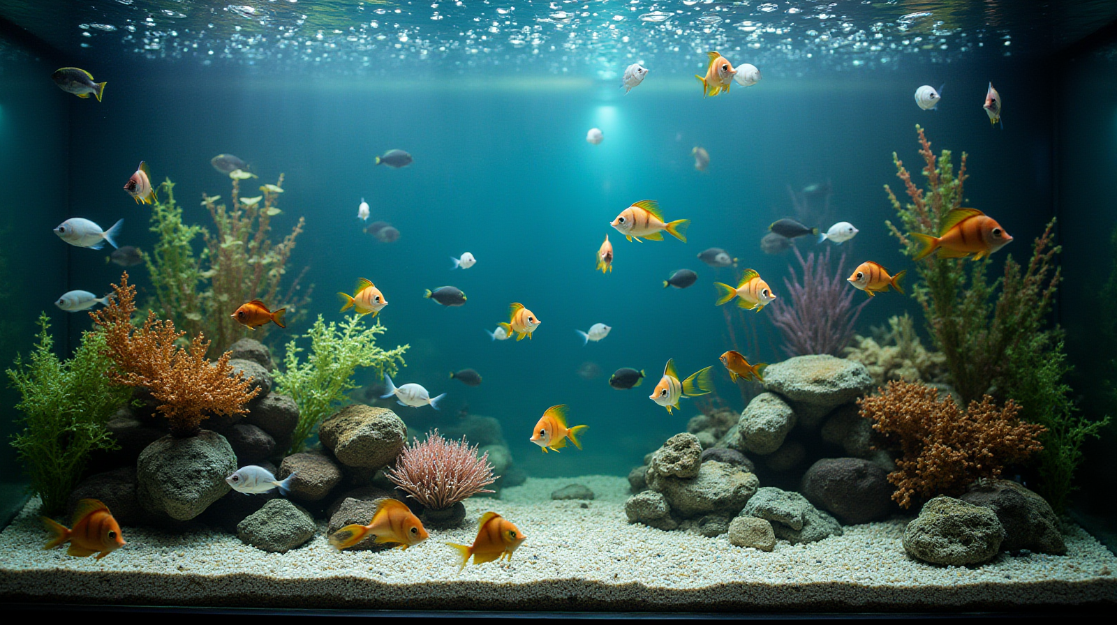 An establishing wide shot of an entire mid-sized saltwater aquarium that looks healthy and inhabited by several different types of colorful fish swimming naturally throughout the water column.