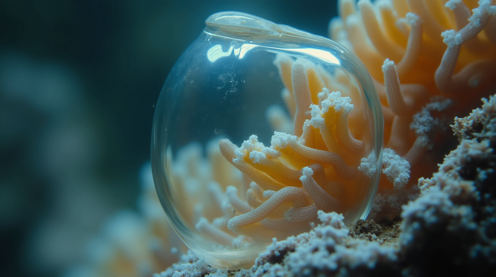 A close-up view through a clear glass pane showing small clusters of developing clownfish eggs attached to an anemone or rock surface within a tank setup.