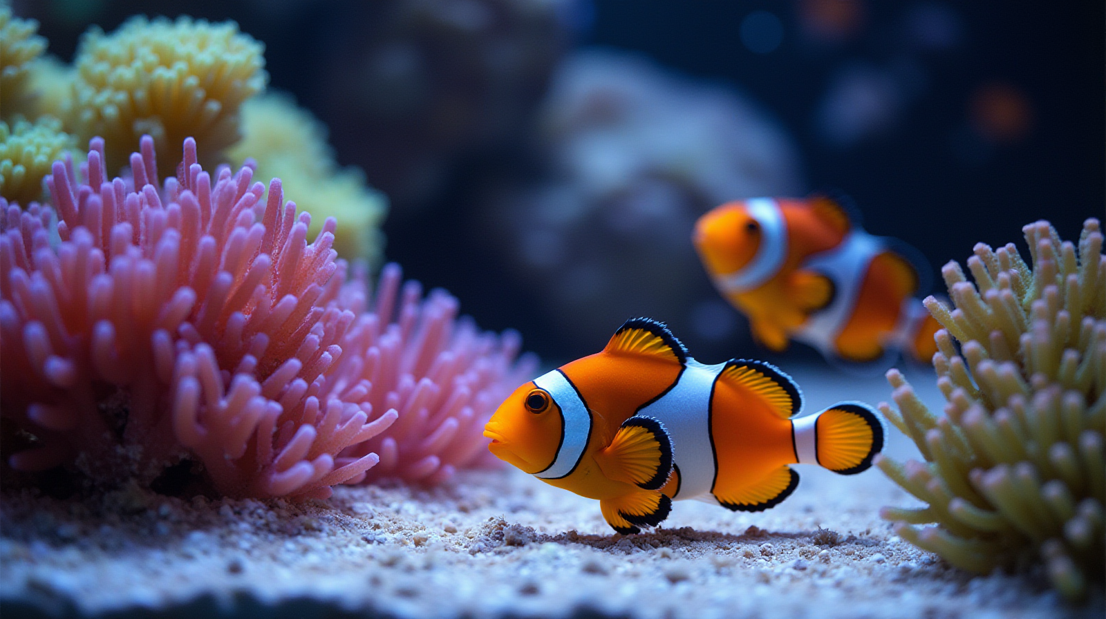 A medium shot showing a pair of vibrant clownfish actively foraging near colorful live coral polyps in a well-lit reef tank, with visible substrate and some planted material in the foreground.