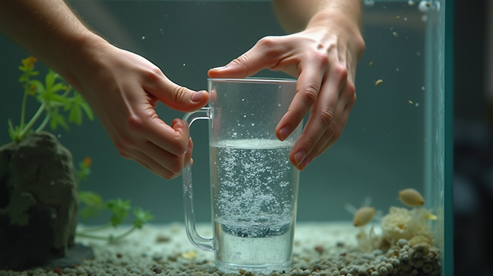 Hands using a basic flow meter or measuring cup to measure water volume in an aquarium setting.