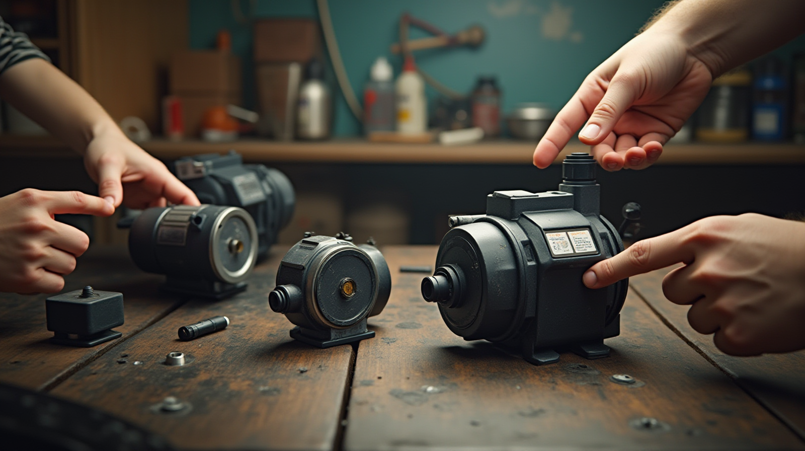 Two hands pointing at different pieces of basic powerheads or circulation pumps laid out on a workbench next to some hobby supplies.